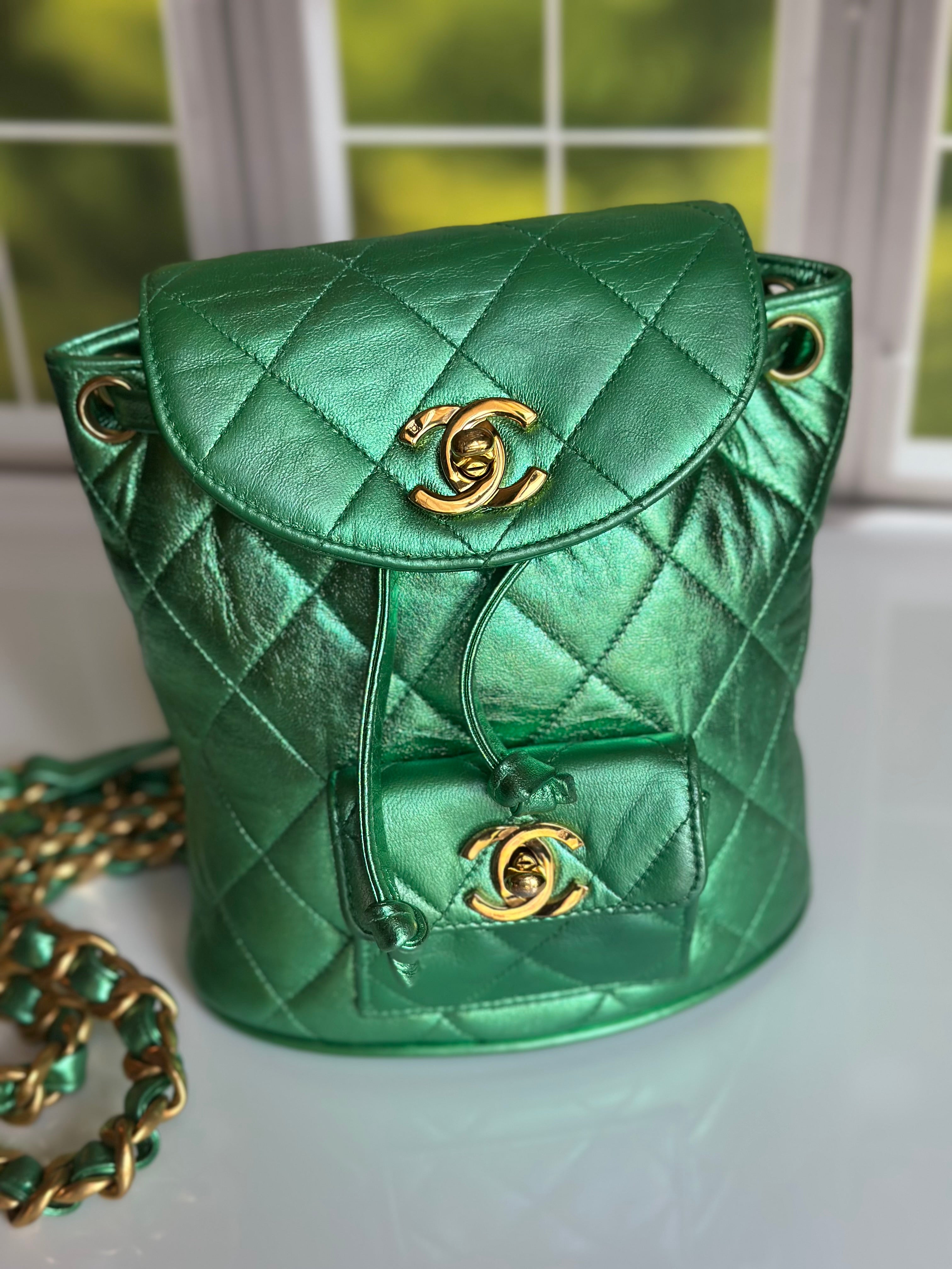1994 Chanel Mini Duma Backpack Metallic Green Lambskin & 24K Gold Plated Hardware