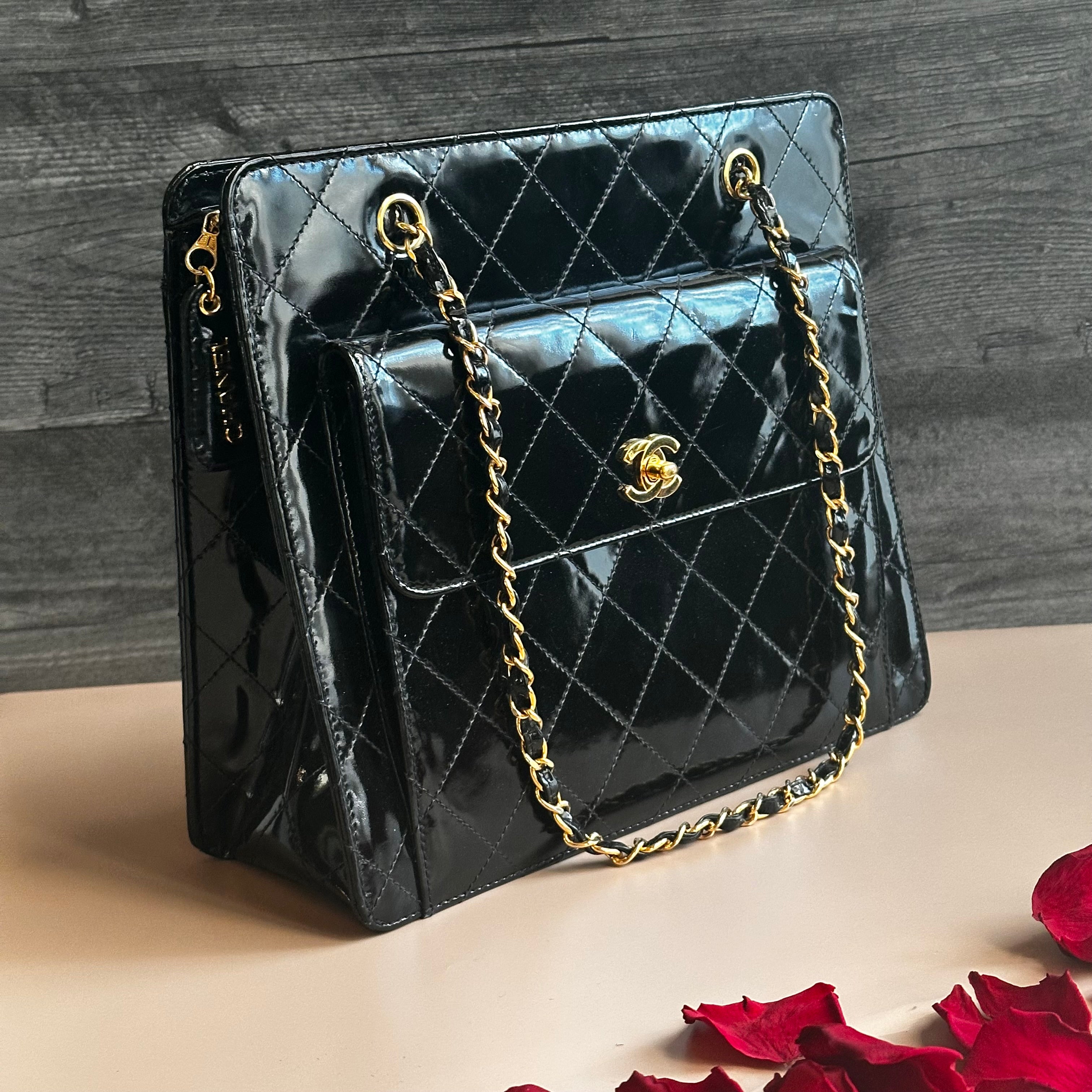 1998 Chanel vintage shopping tote black patent calfskin 24K Gold Hardware