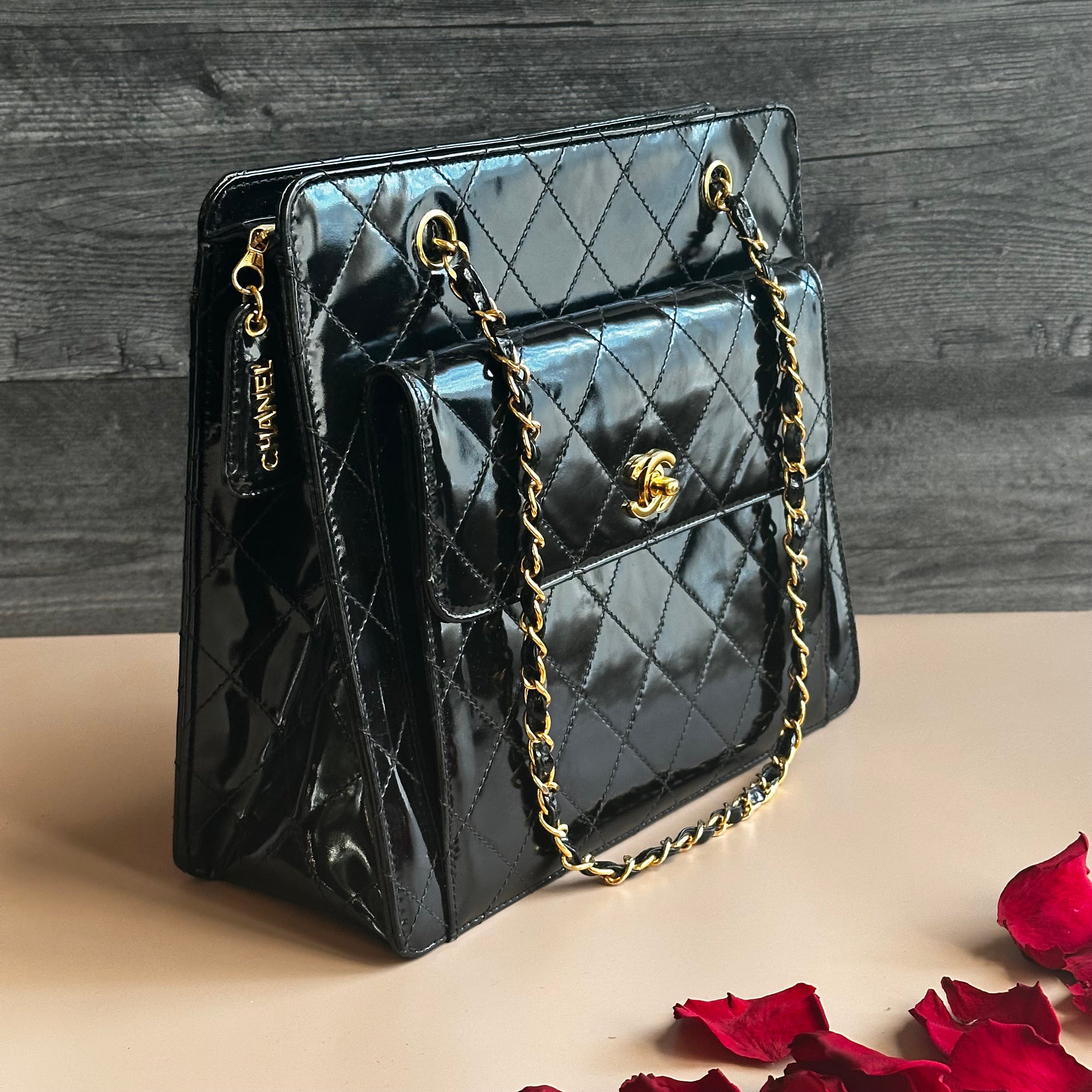 1998 Chanel vintage shopping tote black patent calfskin 24K Gold Hardware