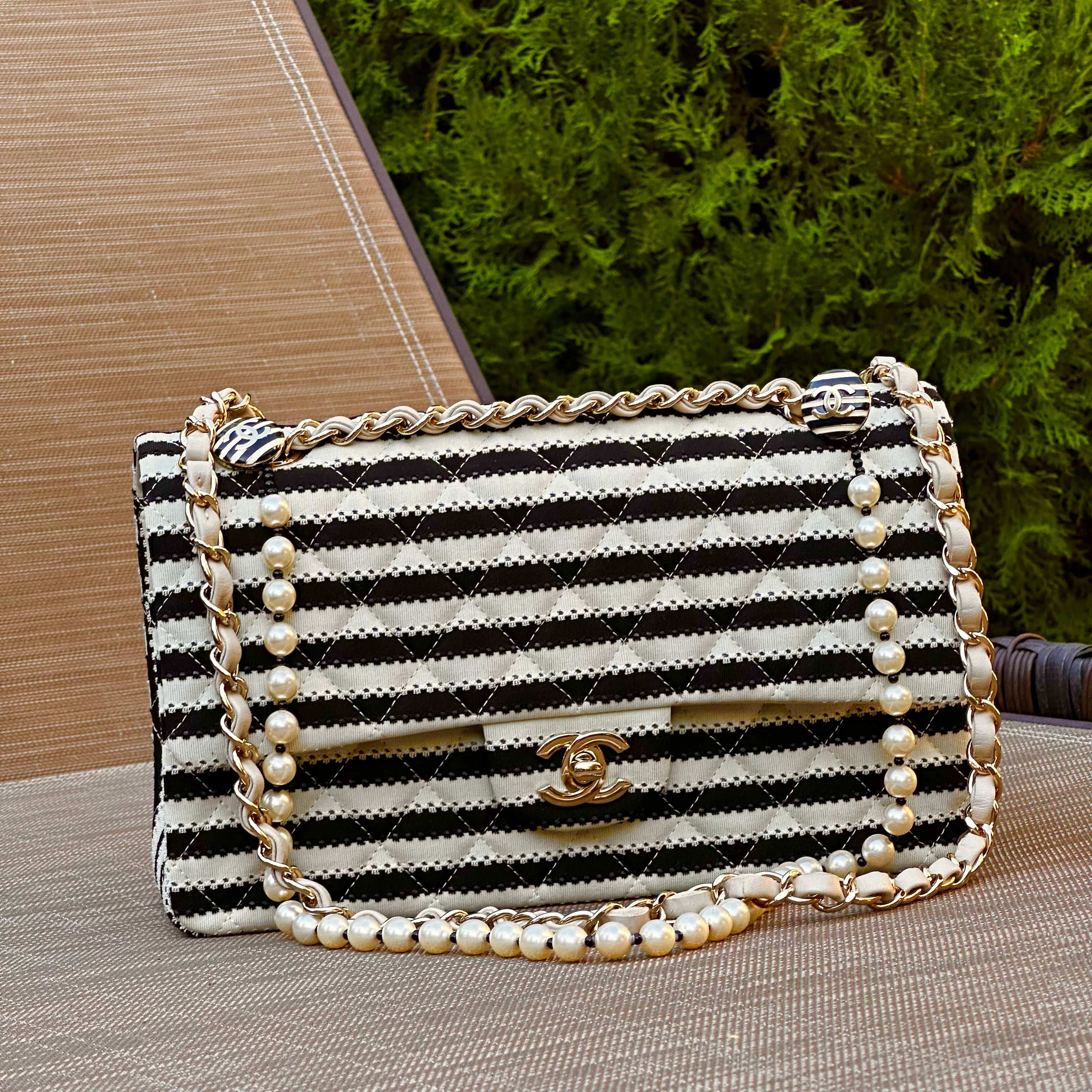 2014 Chanel Medium Flap Beige & Black Jersey LGHW