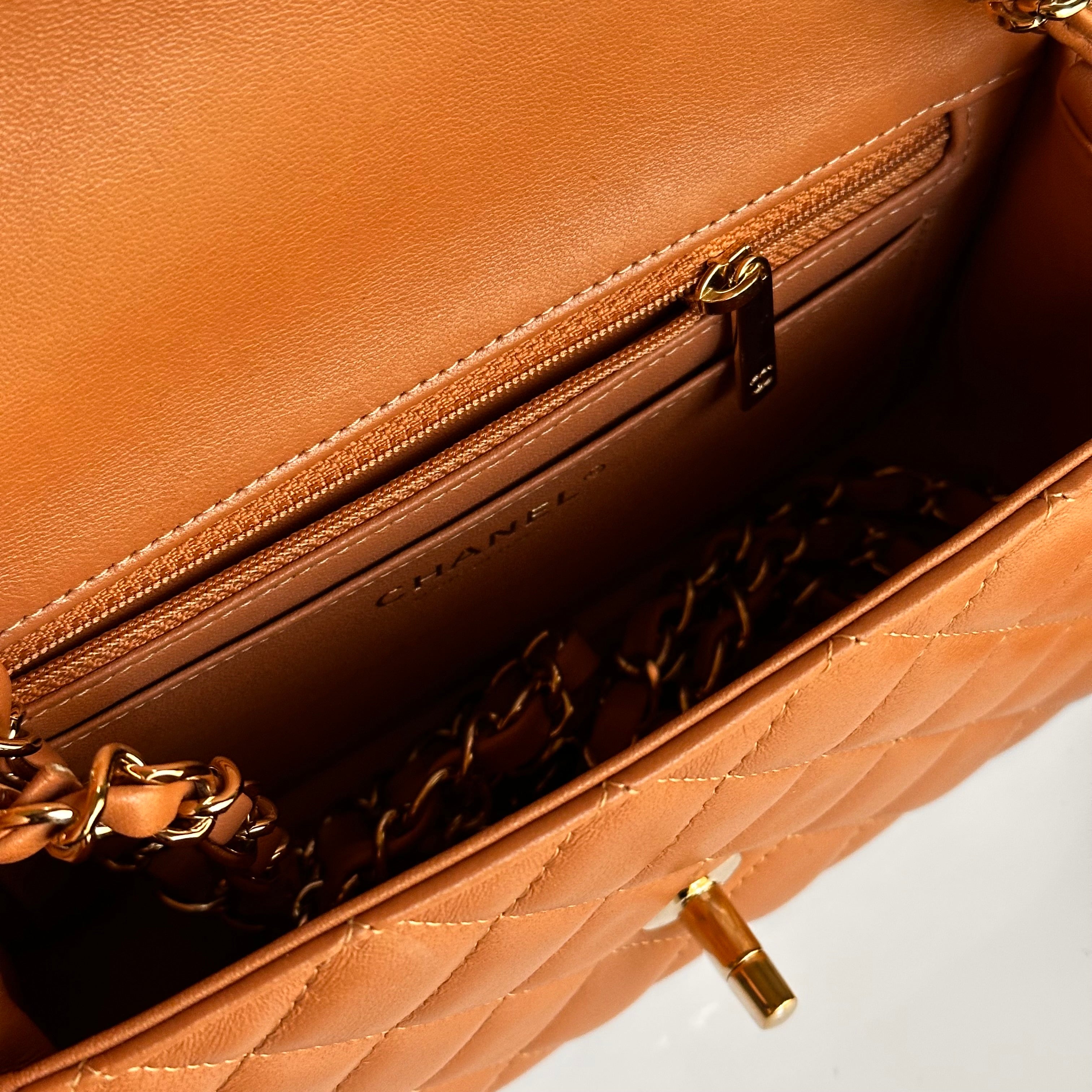 21P Chanel Mini Rectangular Classic Flap Caramel Brown Lambskin LGHW