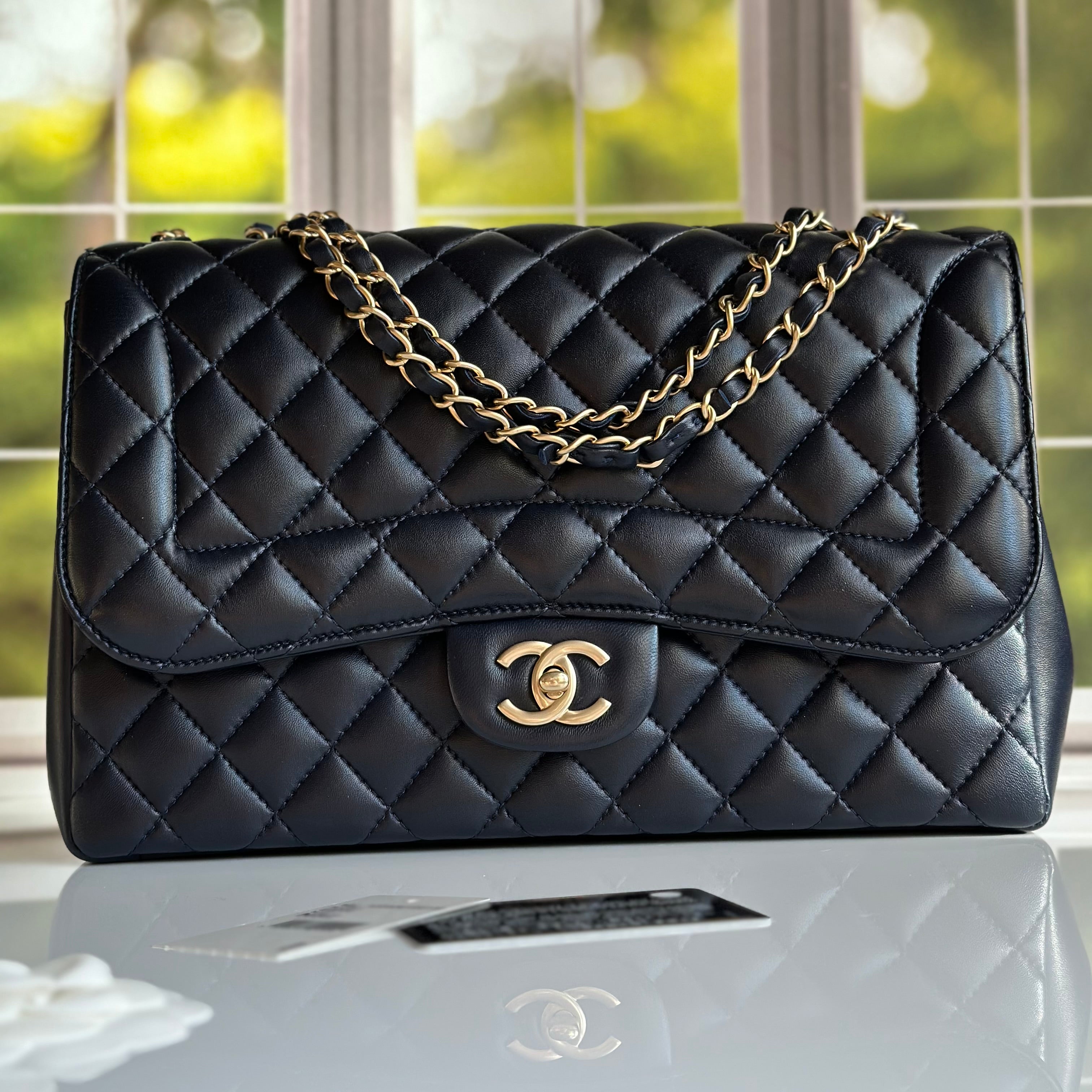 2016 Chanel Mademoiselle Chic Flap Navy Blue Lambskin and Satin Aged Gold Hardware