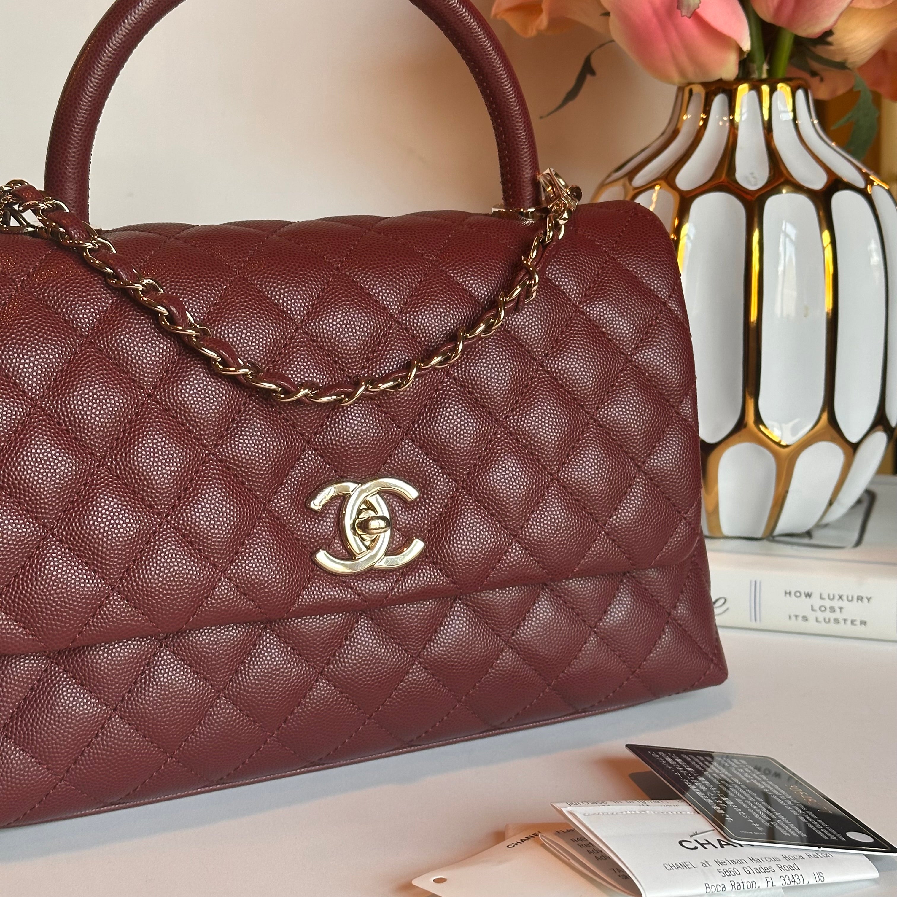 20K CHANEL Coco Top Handle Medium Flap Burgundy Caviar LGHW
