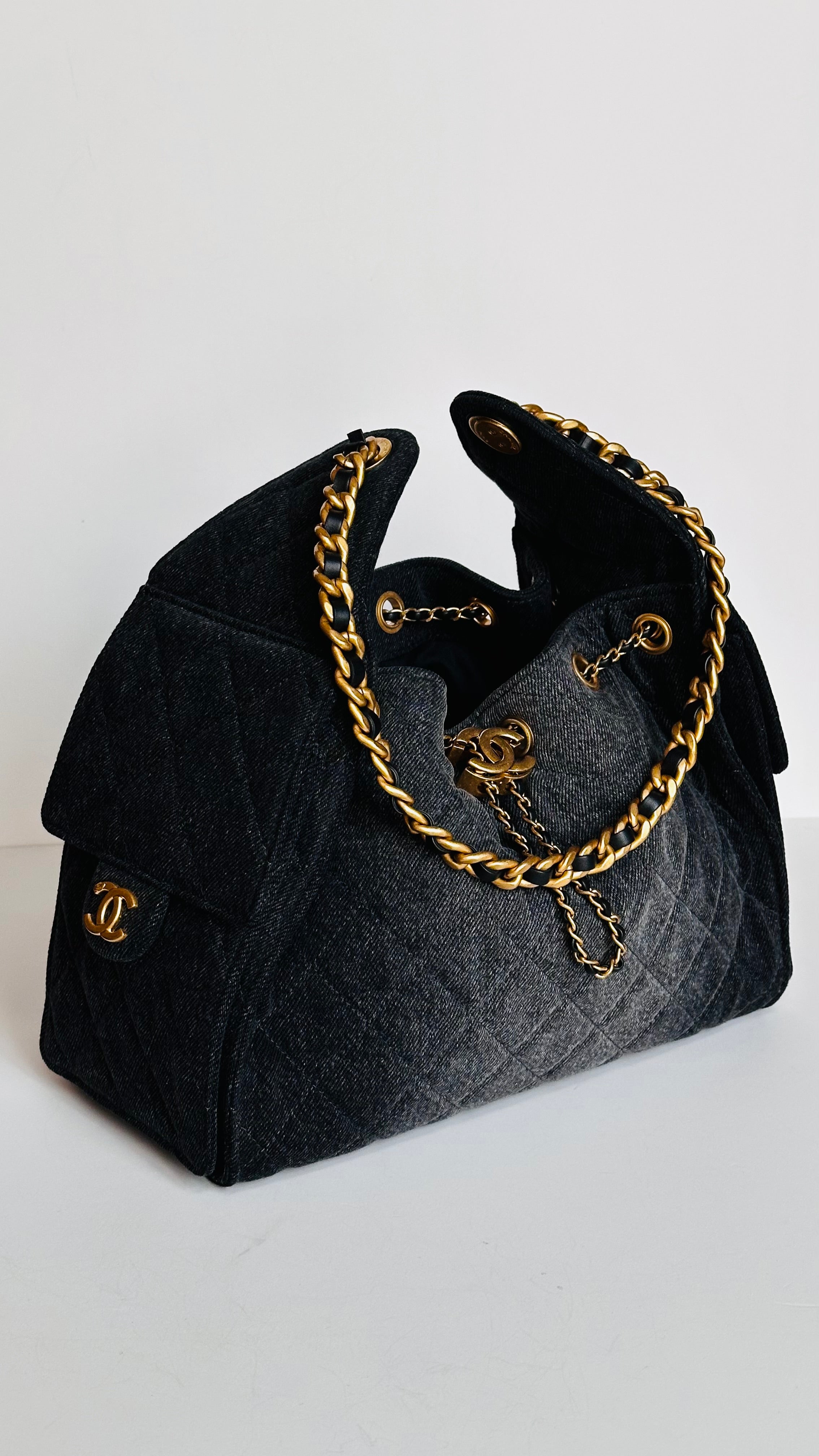 2026 Chanel Small 25 Hobo Bag Black Washed Denim GHW