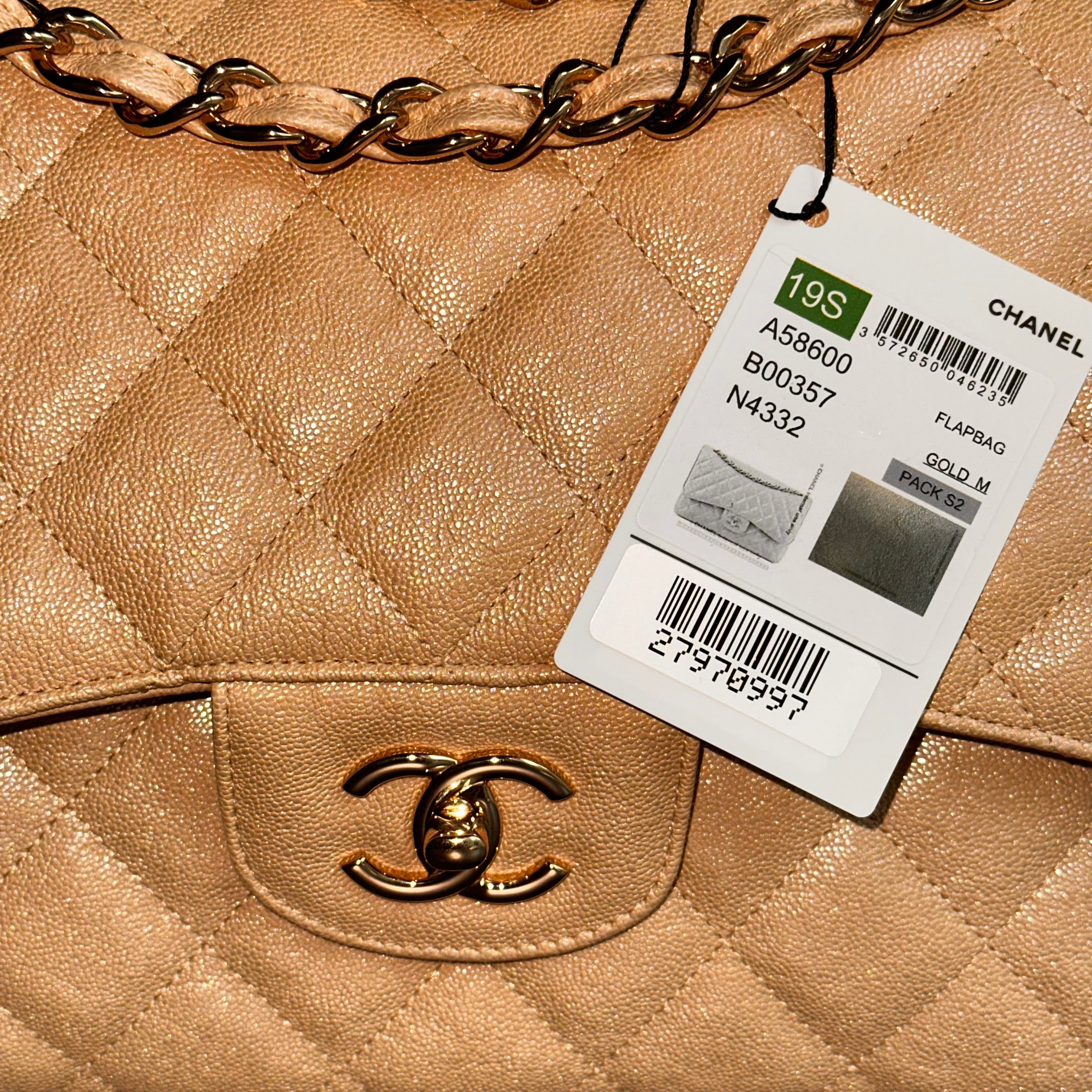 19S Chanel Timeless Classic Jumbo Iridescent Beige Caviar LGHW