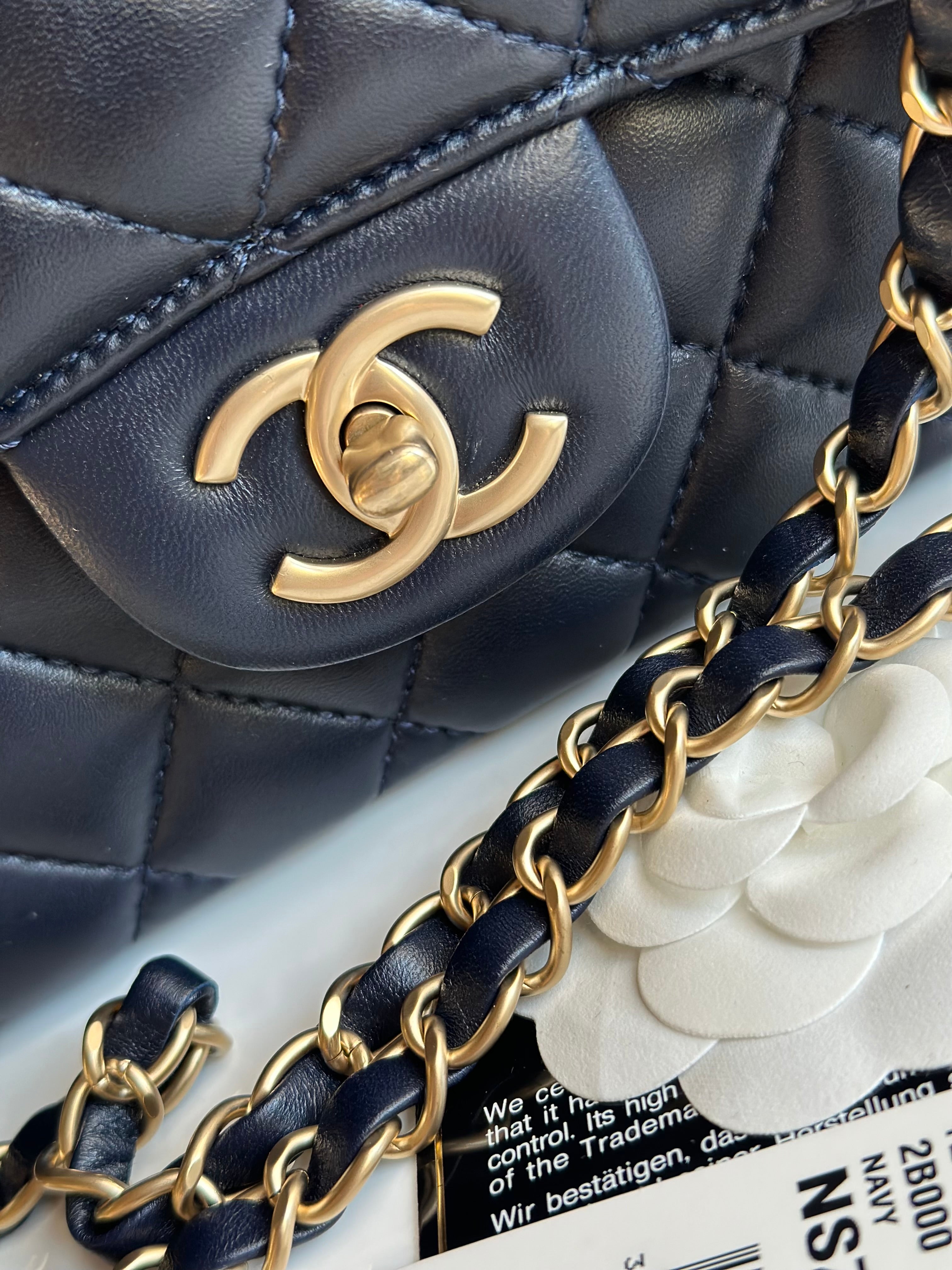 2016 Chanel Mademoiselle Chic Flap Navy Blue Lambskin and Satin Aged Gold Hardware