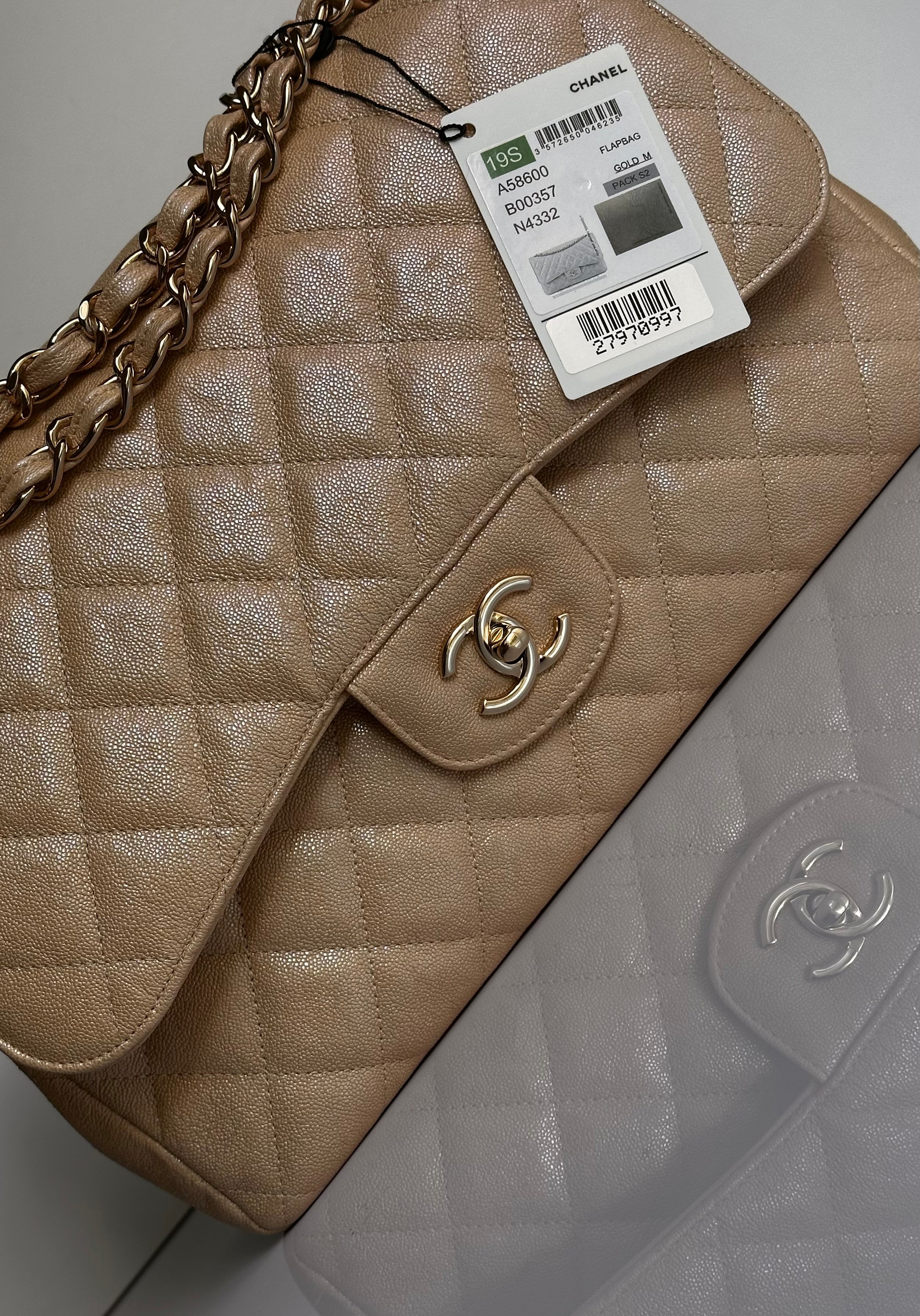 19S Chanel Timeless Classic Jumbo Iridescent Beige Caviar LGHW