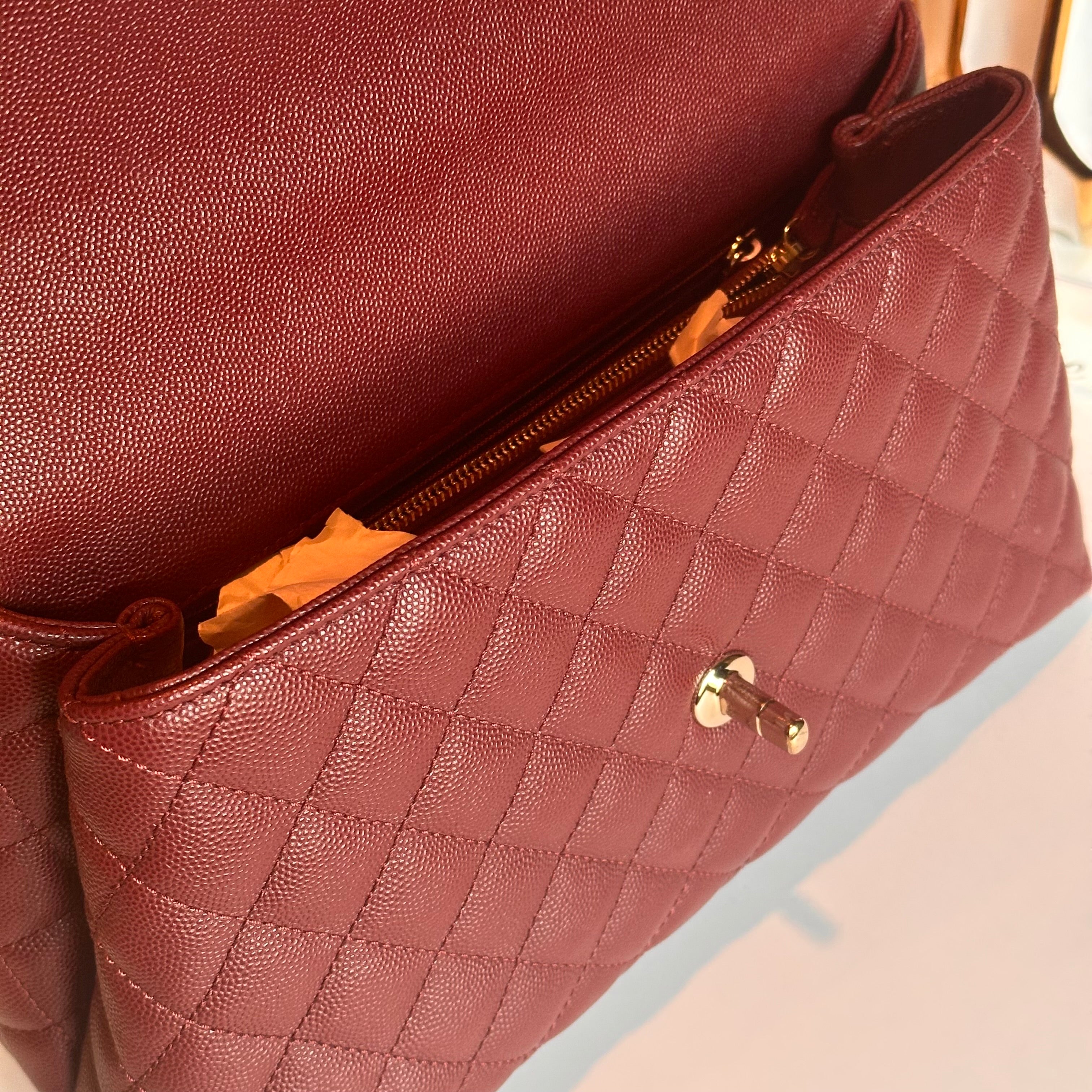 20K CHANEL Coco Top Handle Medium Flap Burgundy Caviar LGHW