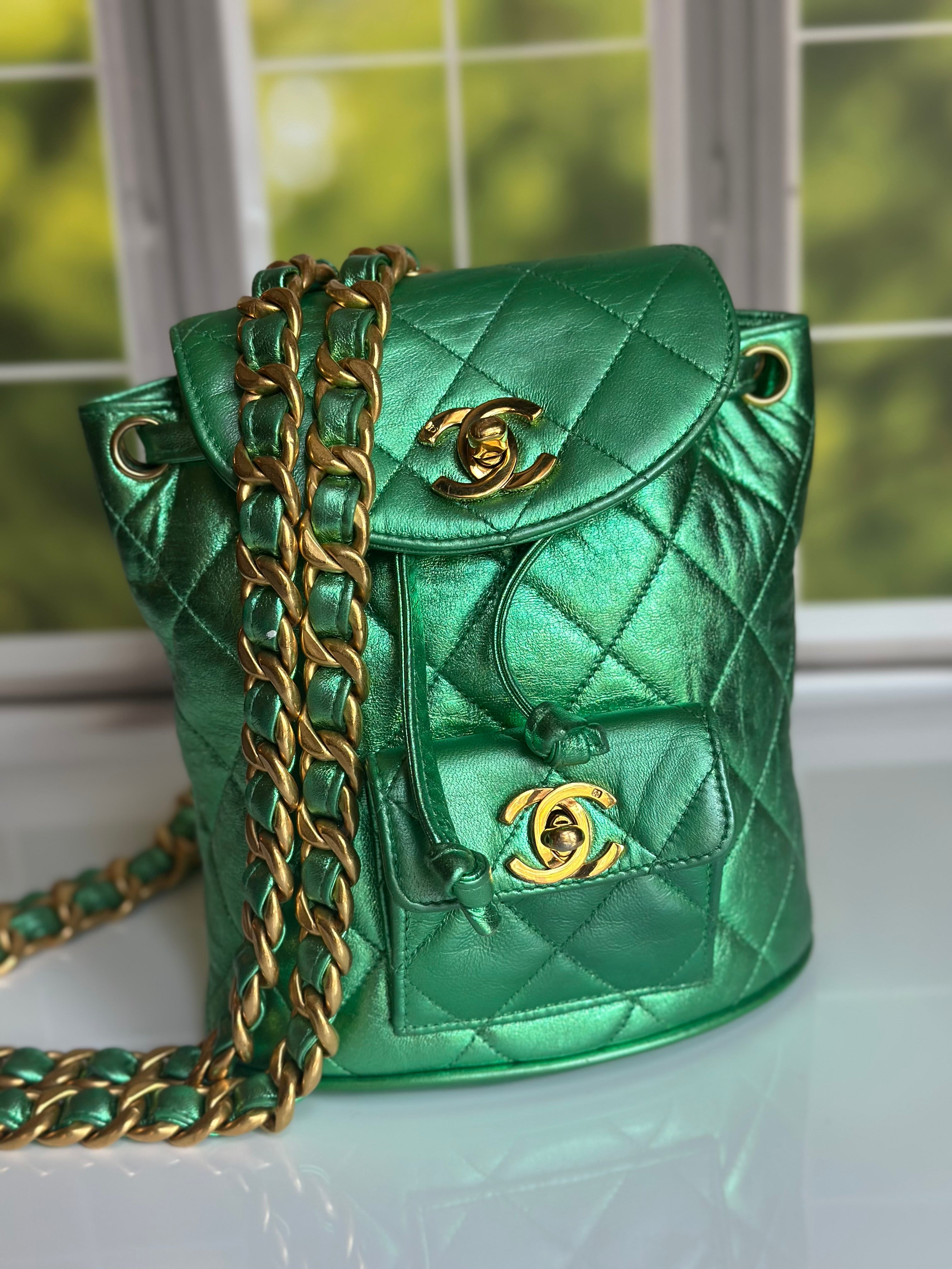 1994 Chanel Mini Duma Backpack Metallic Green Lambskin & 24K Gold Plated Hardware