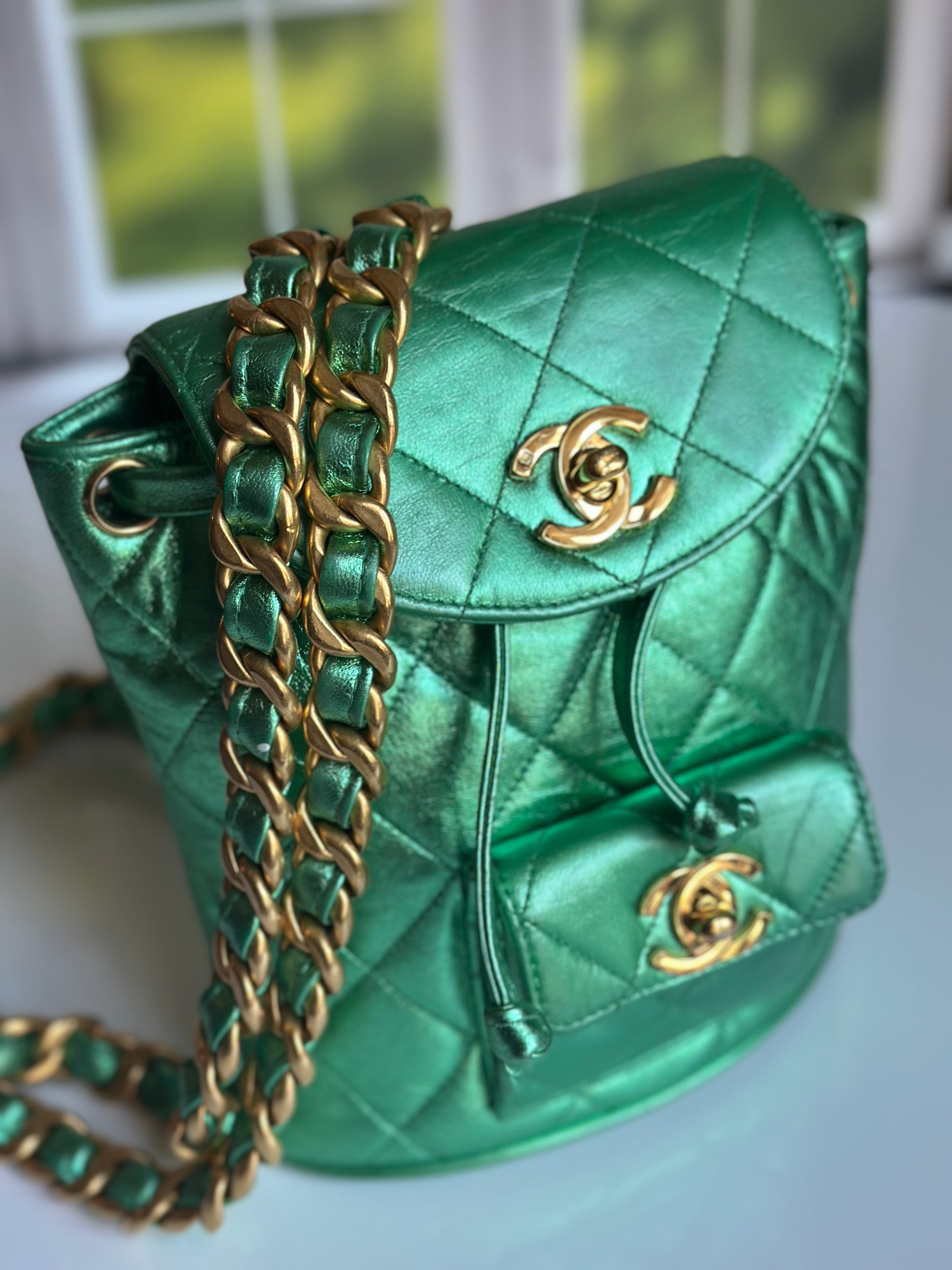 1994 Chanel Mini Duma Backpack Metallic Green Lambskin & 24K Gold Plated Hardware