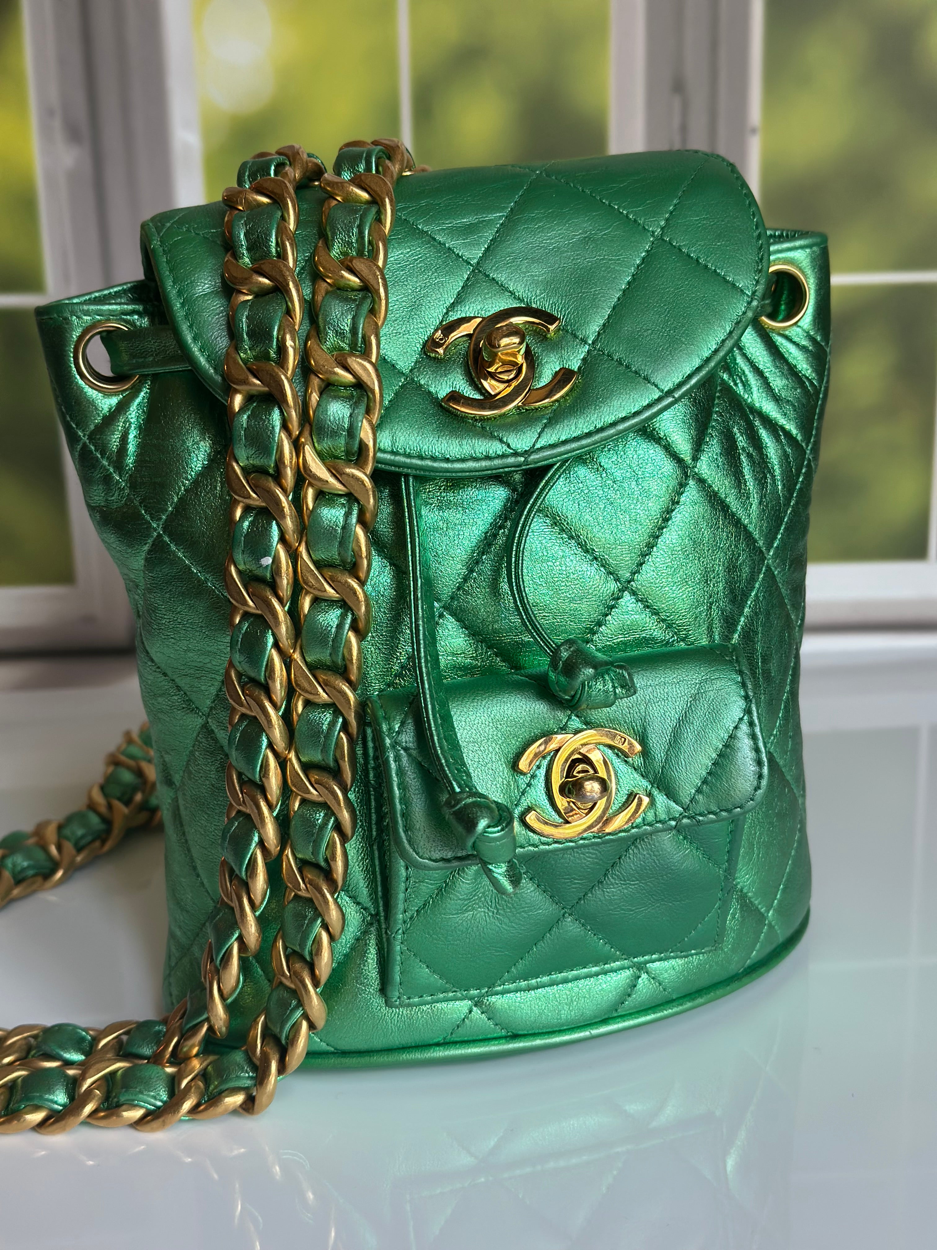 1994 Chanel Mini Duma Backpack Metallic Green Lambskin & 24K Gold Plated Hardware