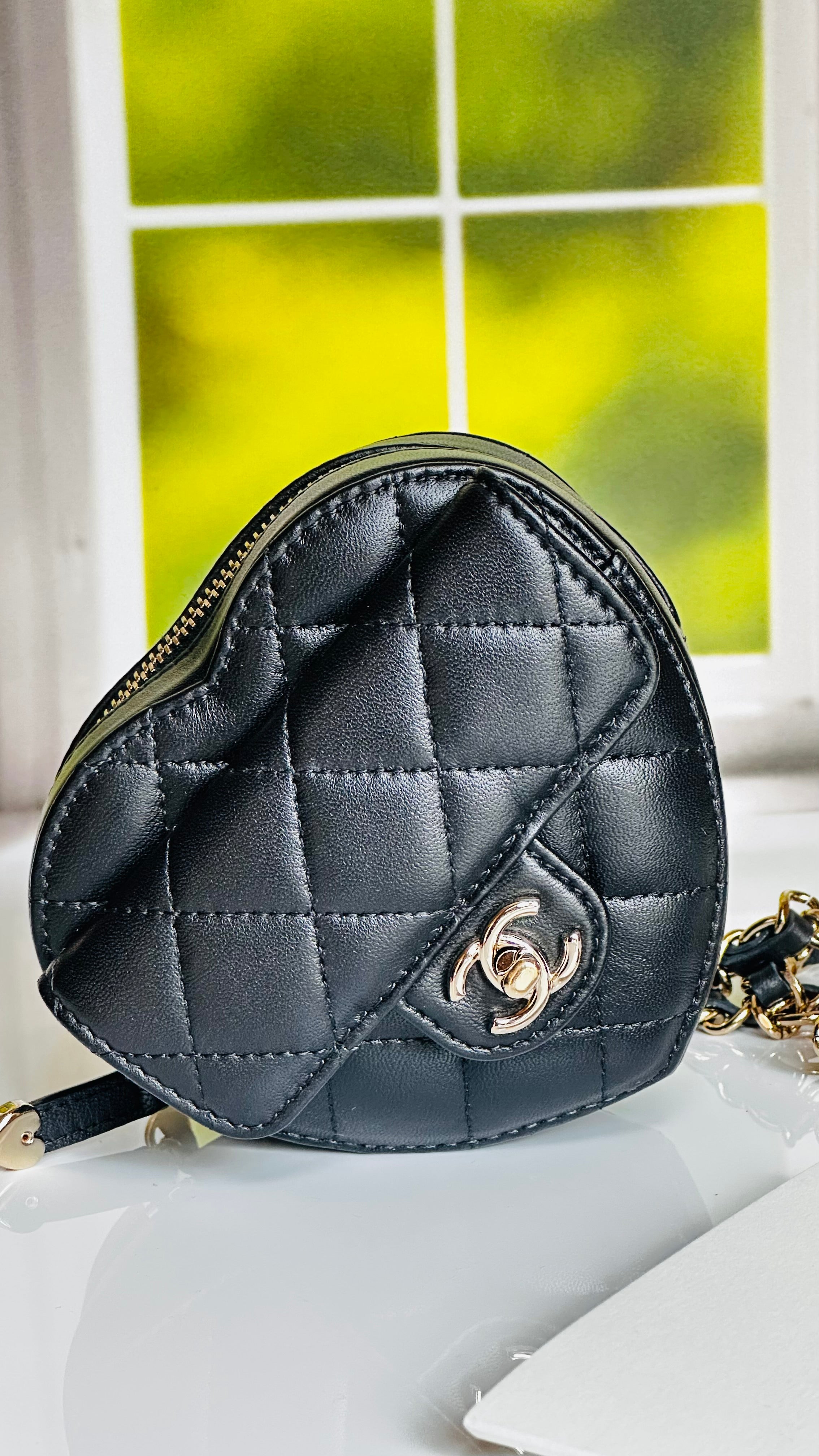 2022 Chanel CC in Love Heart Waist Bag Black Lambskin & Light Gold Hardware