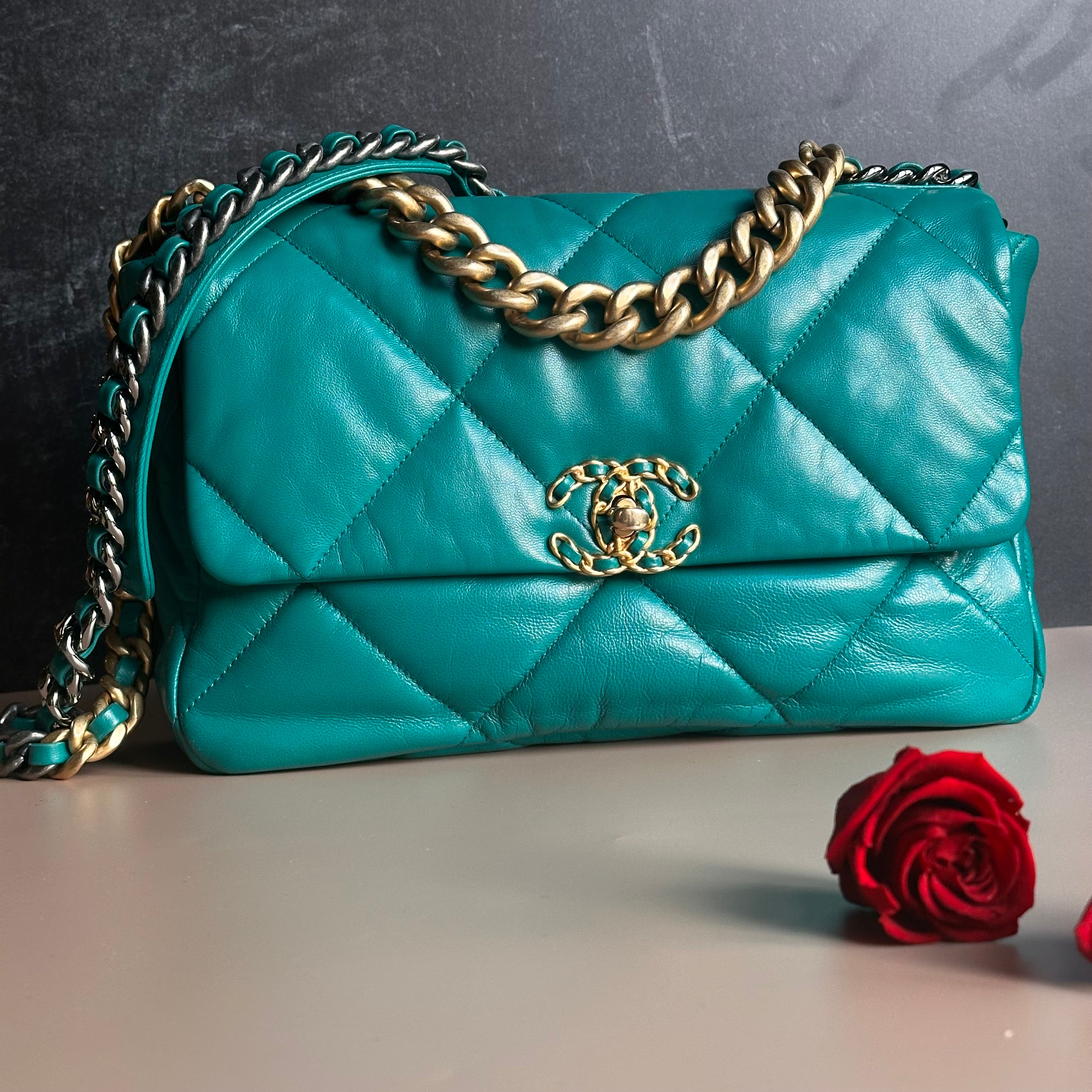 19K Medium-Large 19 Flap Dark Green Goatskin Trio Mix Hardware