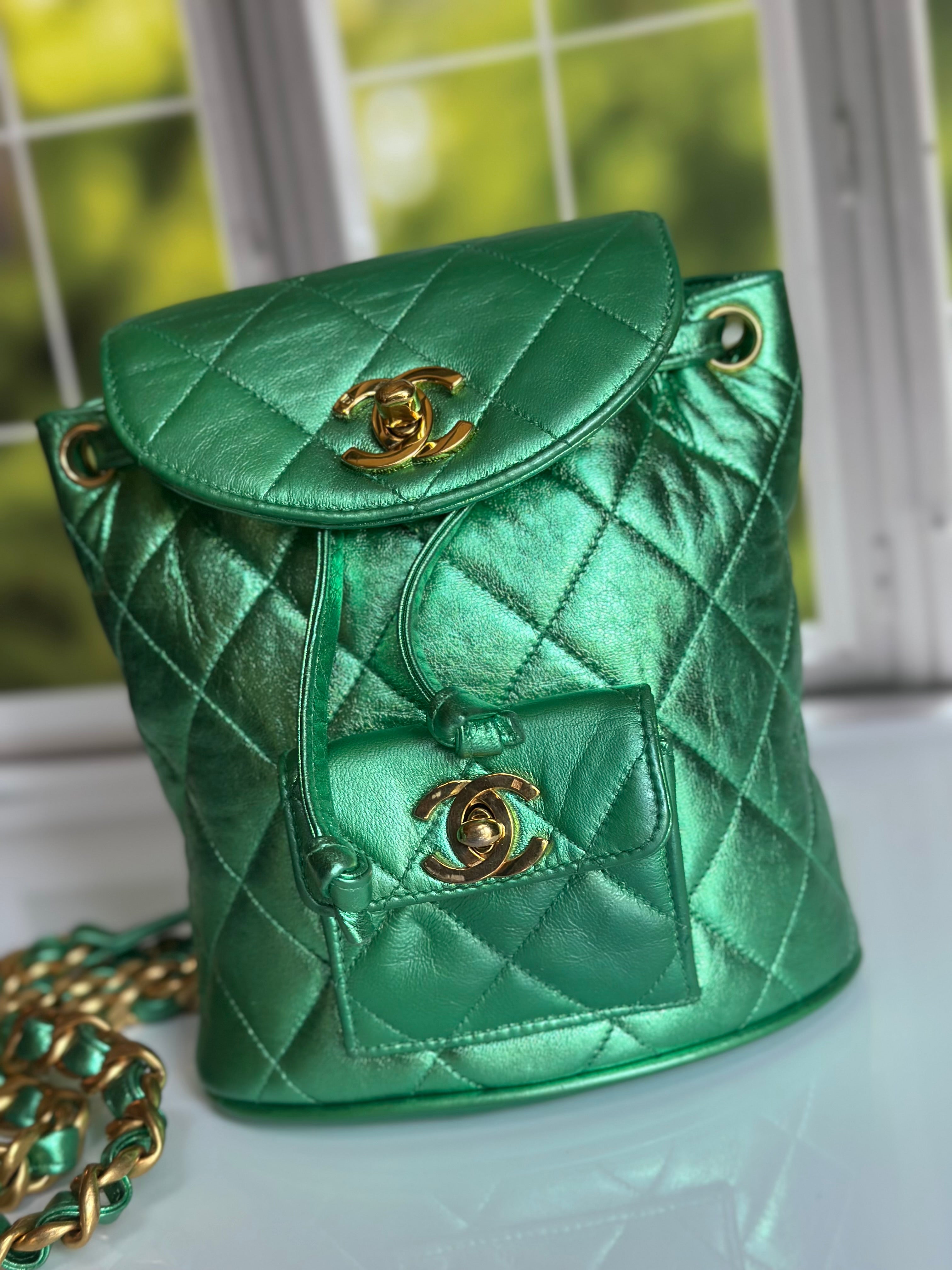 1994 Chanel Mini Duma Backpack Metallic Green Lambskin & 24K Gold Plated Hardware