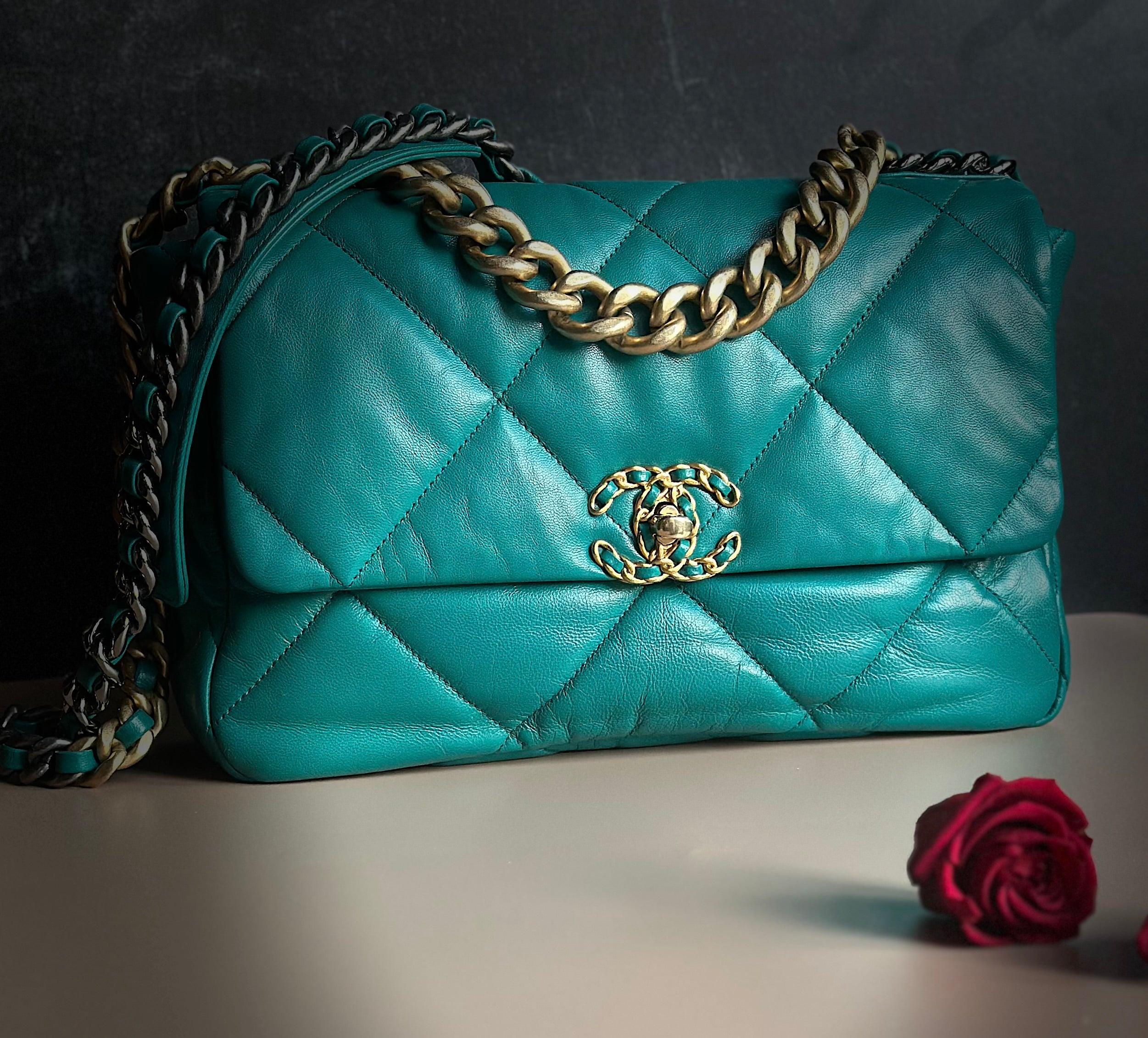 19K Medium-Large 19 Flap Dark Green Goatskin Trio Mix Hardware