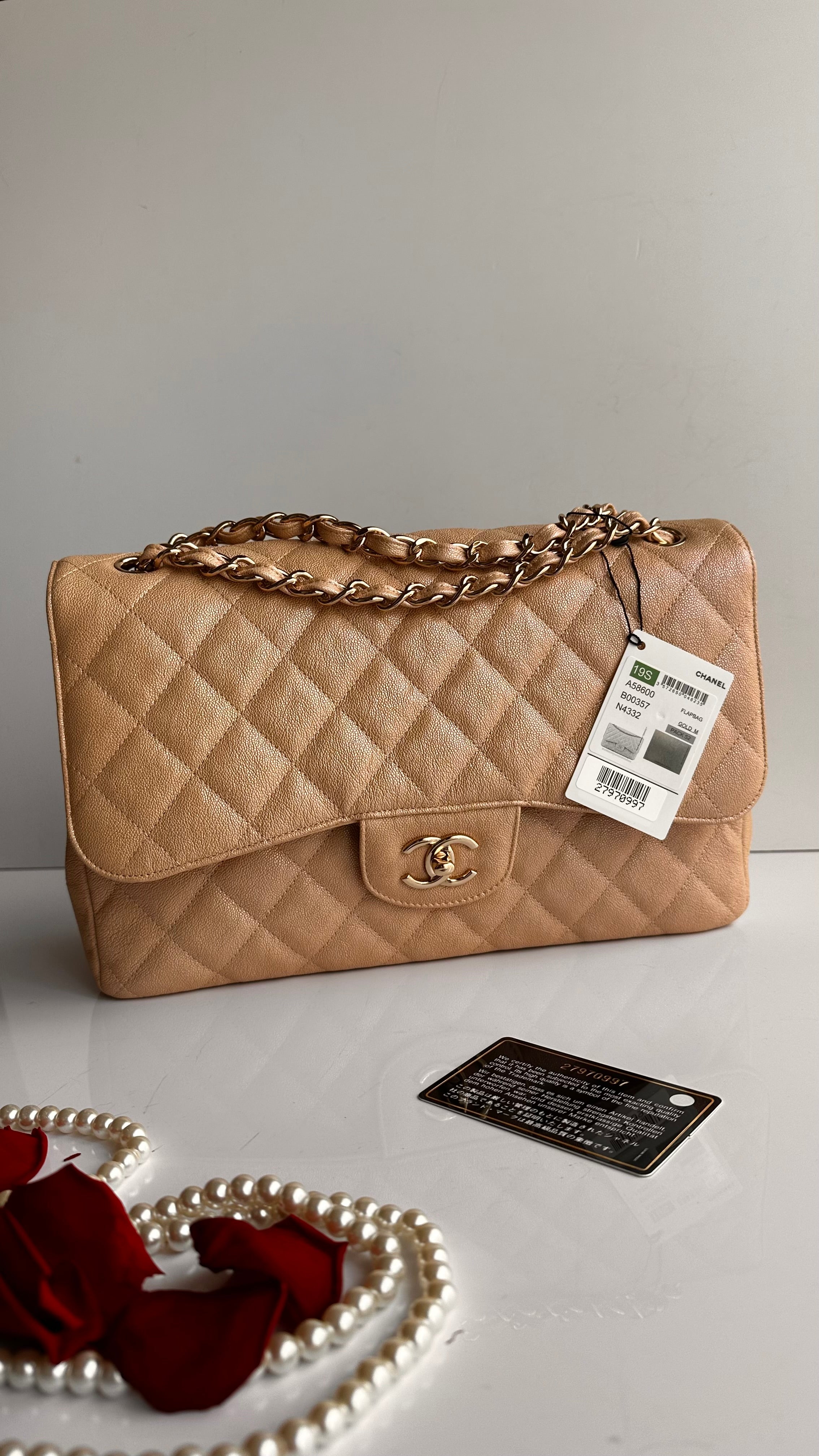 19S Chanel Timeless Classic Jumbo Iridescent Beige Caviar LGHW