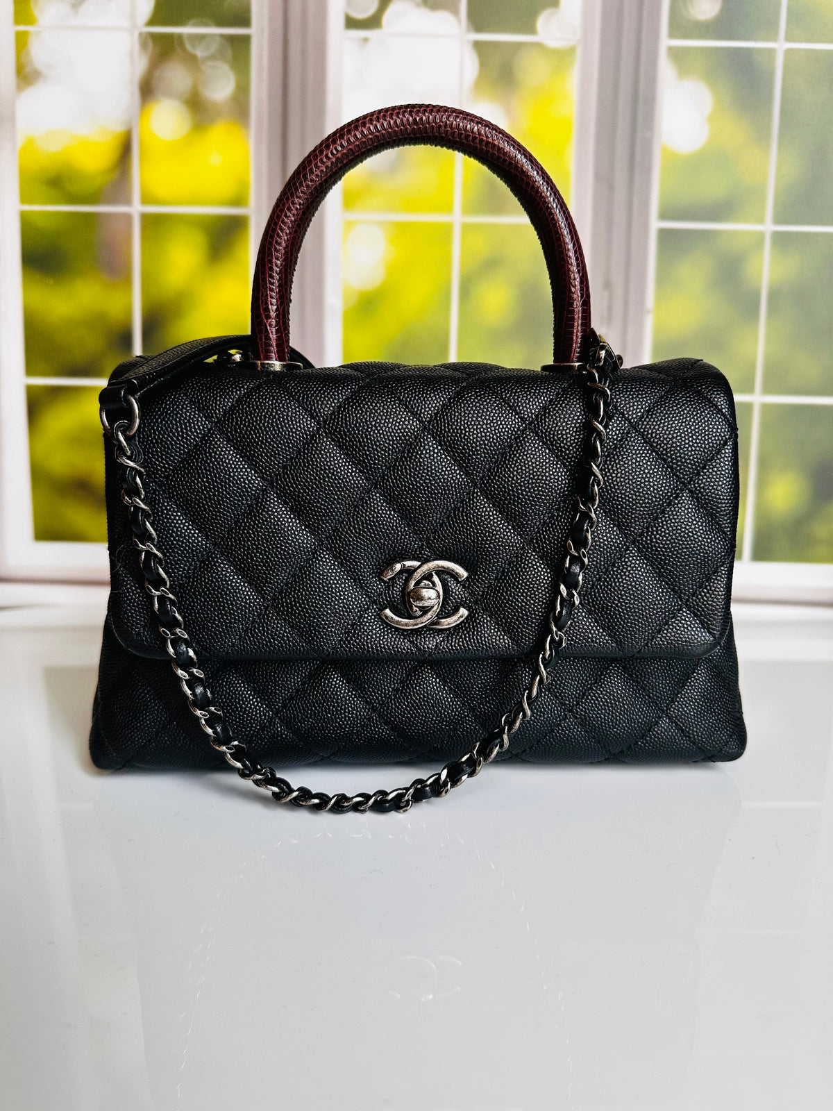 16B Chanel Small Coco Handle Black Caviar & Ruthenium Hardware w/Lizard Accent