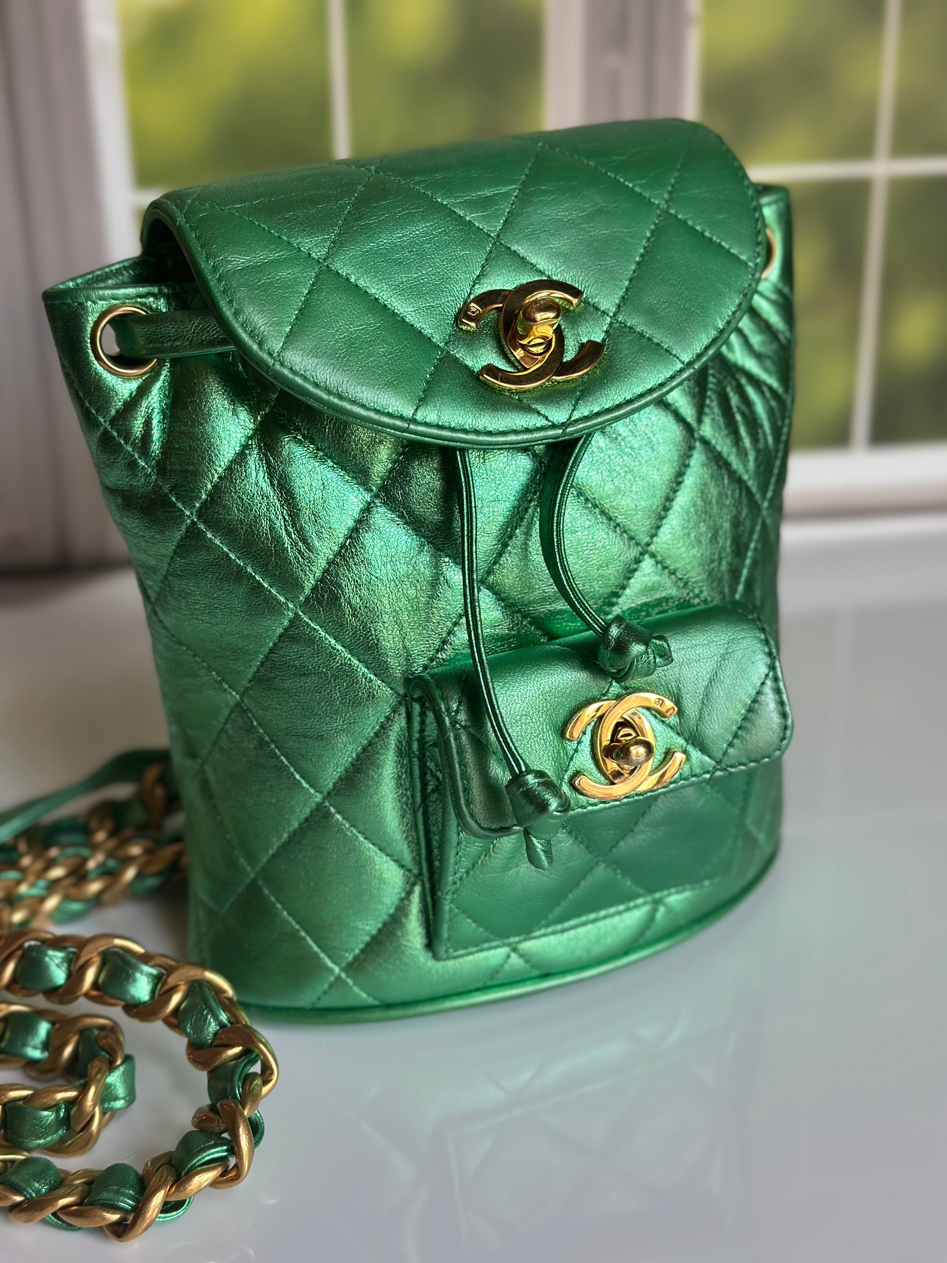 1994 Chanel Mini Duma Backpack Metallic Green Lambskin & 24K Gold Plated Hardware
