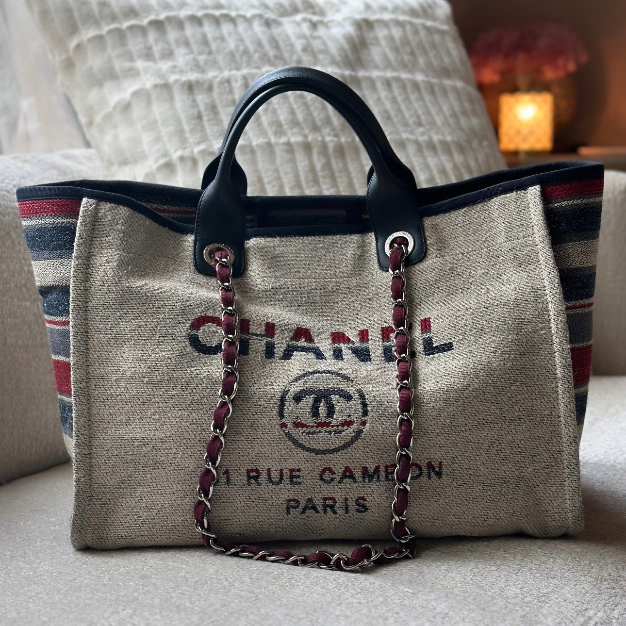 18A Chanel Large Deauville Shopping Tote Beige Toile & Calfskin