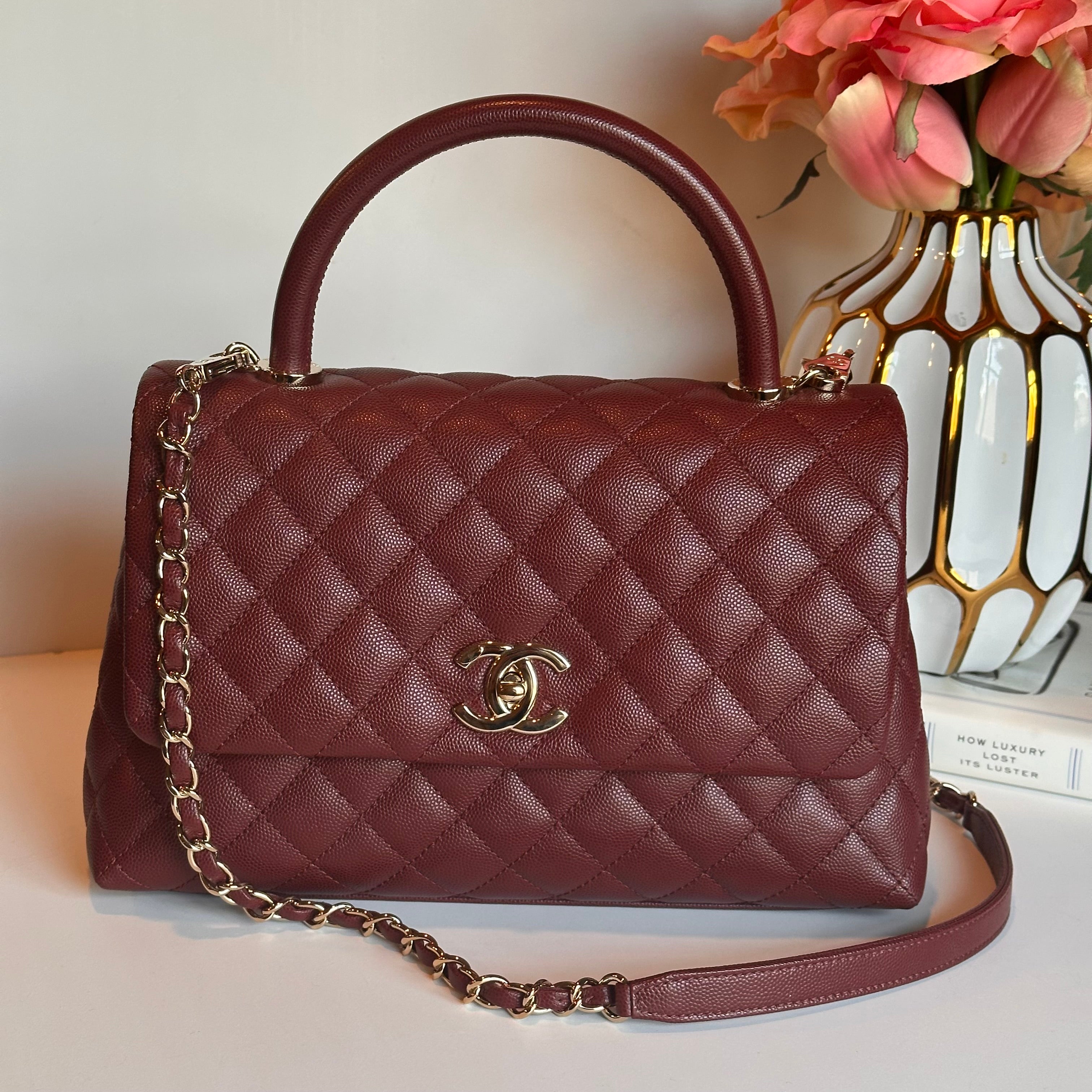 20K CHANEL Coco Top Handle Medium Flap Burgundy Caviar LGHW