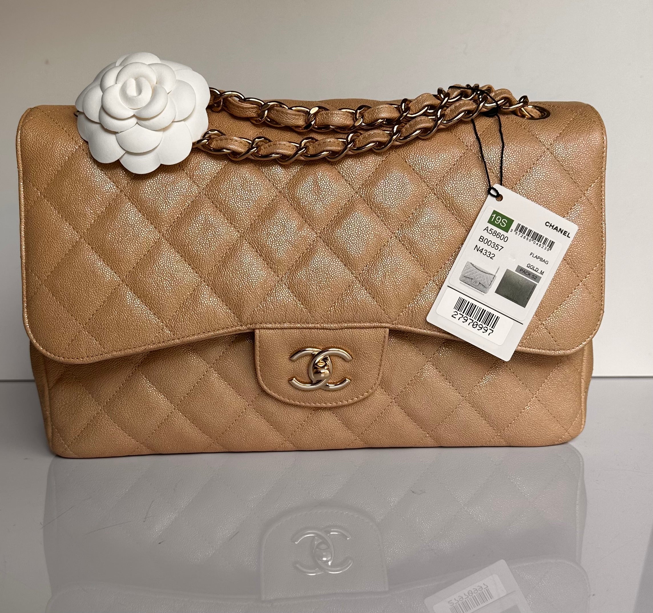 19S Chanel Timeless Classic Jumbo Iridescent Beige Caviar LGHW