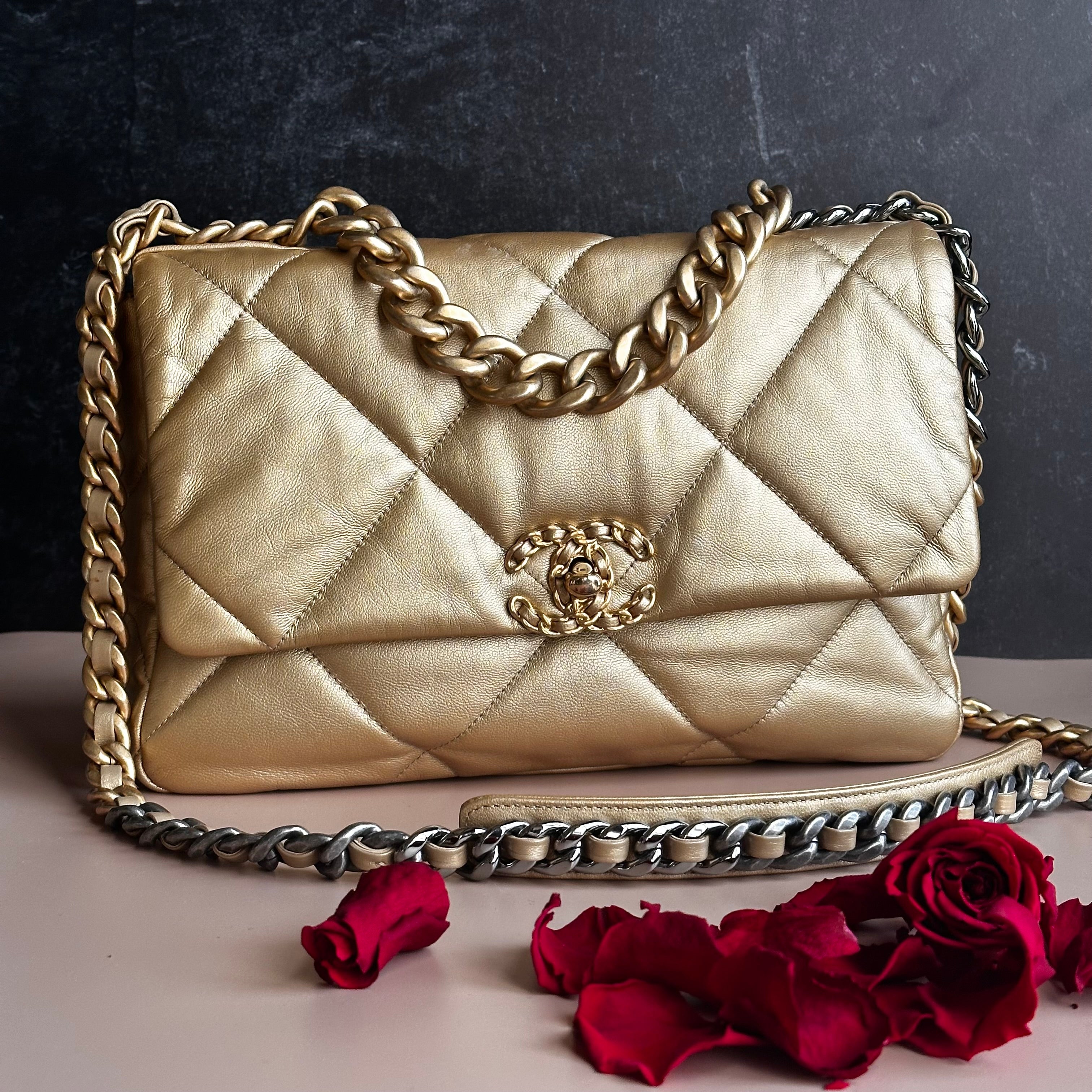 20B Chanel Medium-Large 19 Flap Metallic Gold Goatskin Mix Hardware and Cotton Linings
