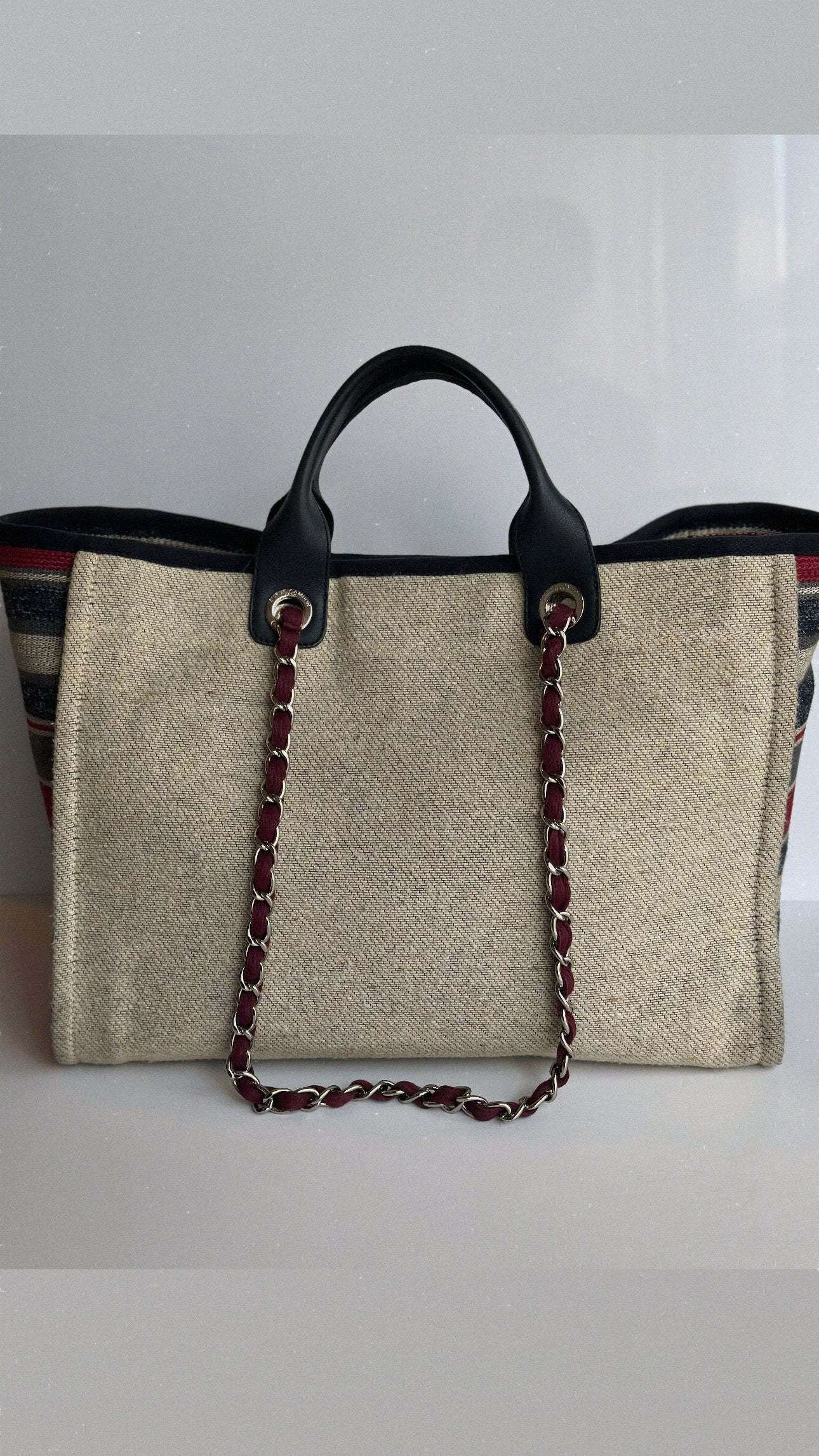 18A Chanel Large Deauville Shopping Tote Beige Toile & Calfskin