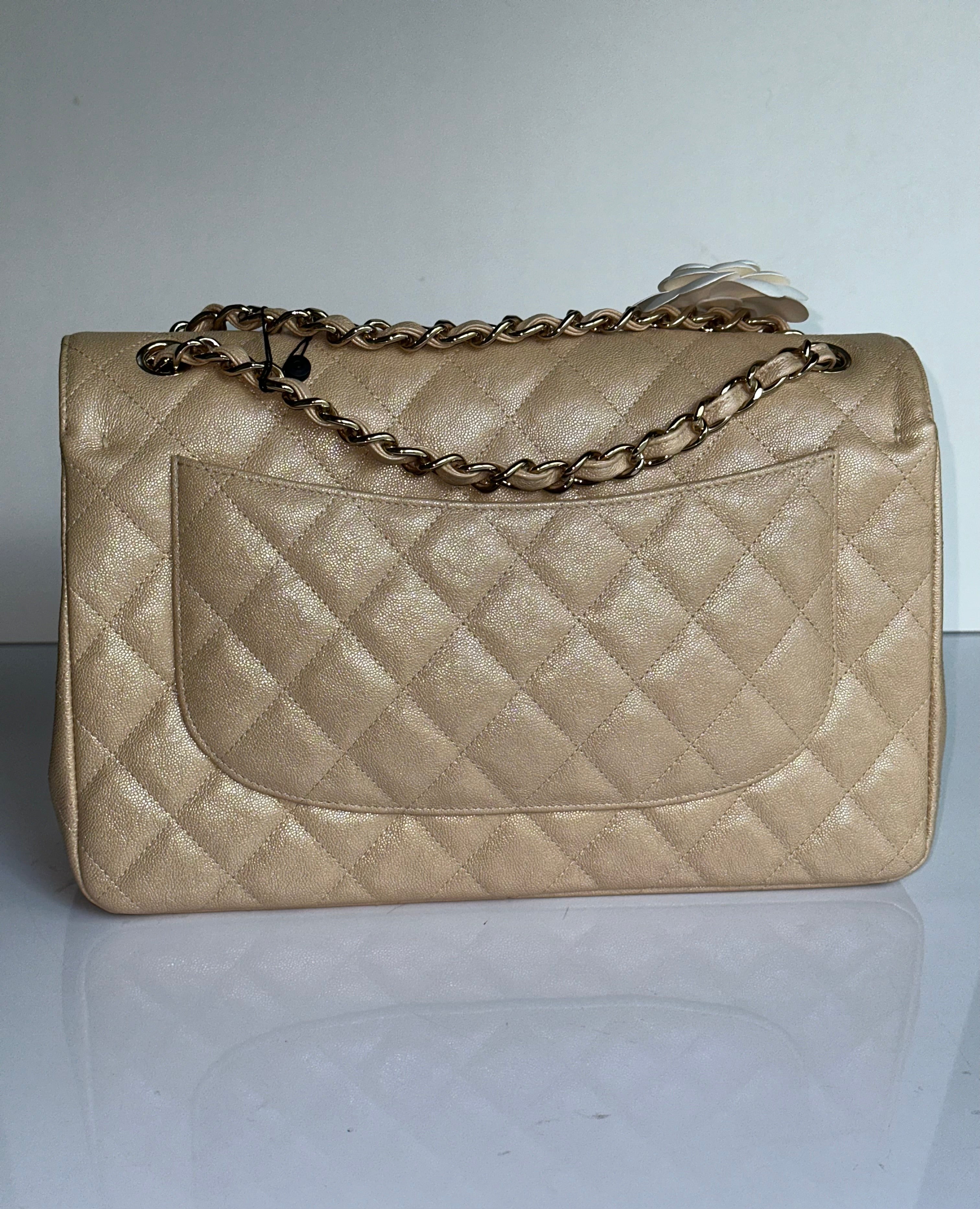 19S Chanel Timeless Classic Jumbo Iridescent Beige Caviar LGHW