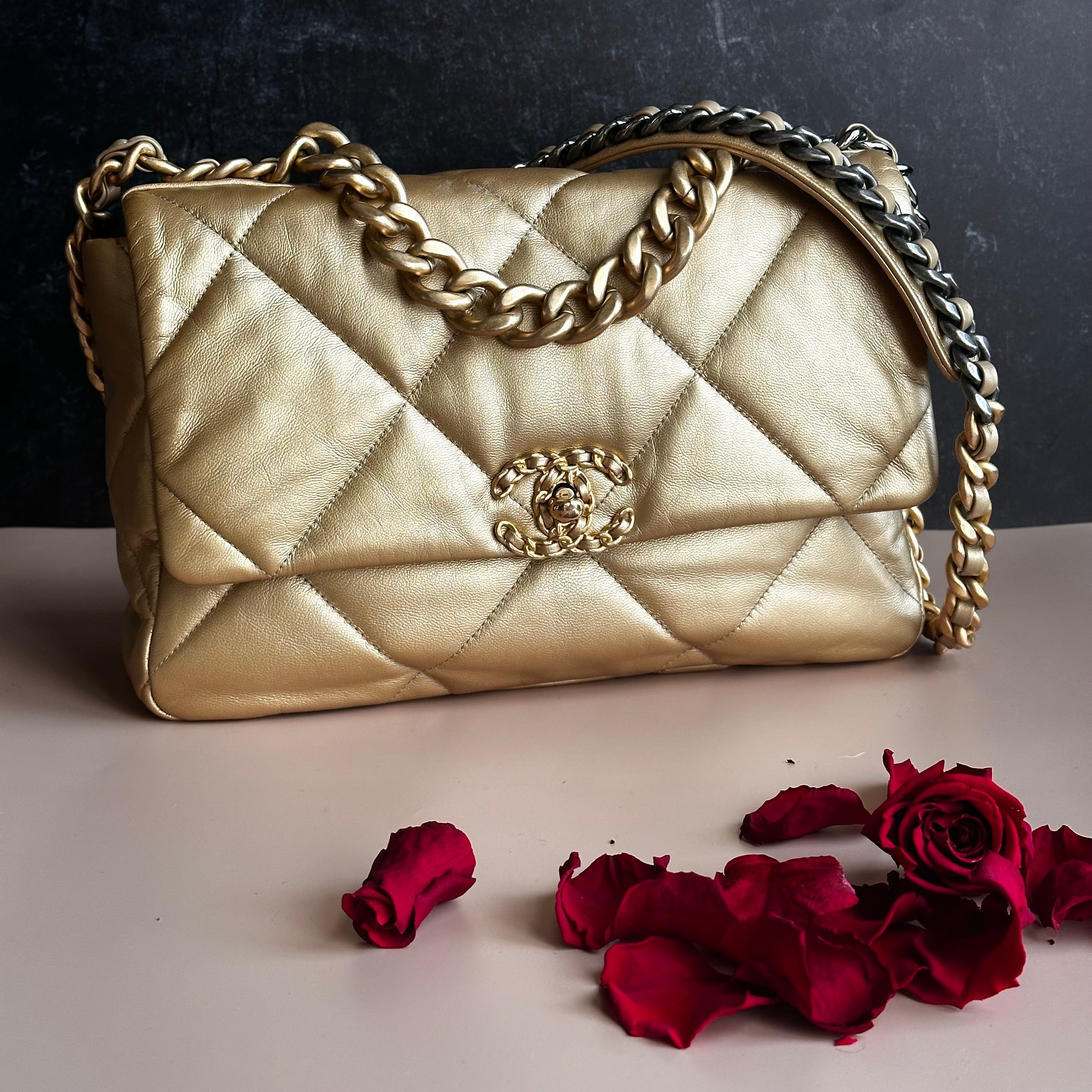 20B Chanel Medium-Large 19 Flap Metallic Gold Goatskin Mix Hardware and Cotton Linings