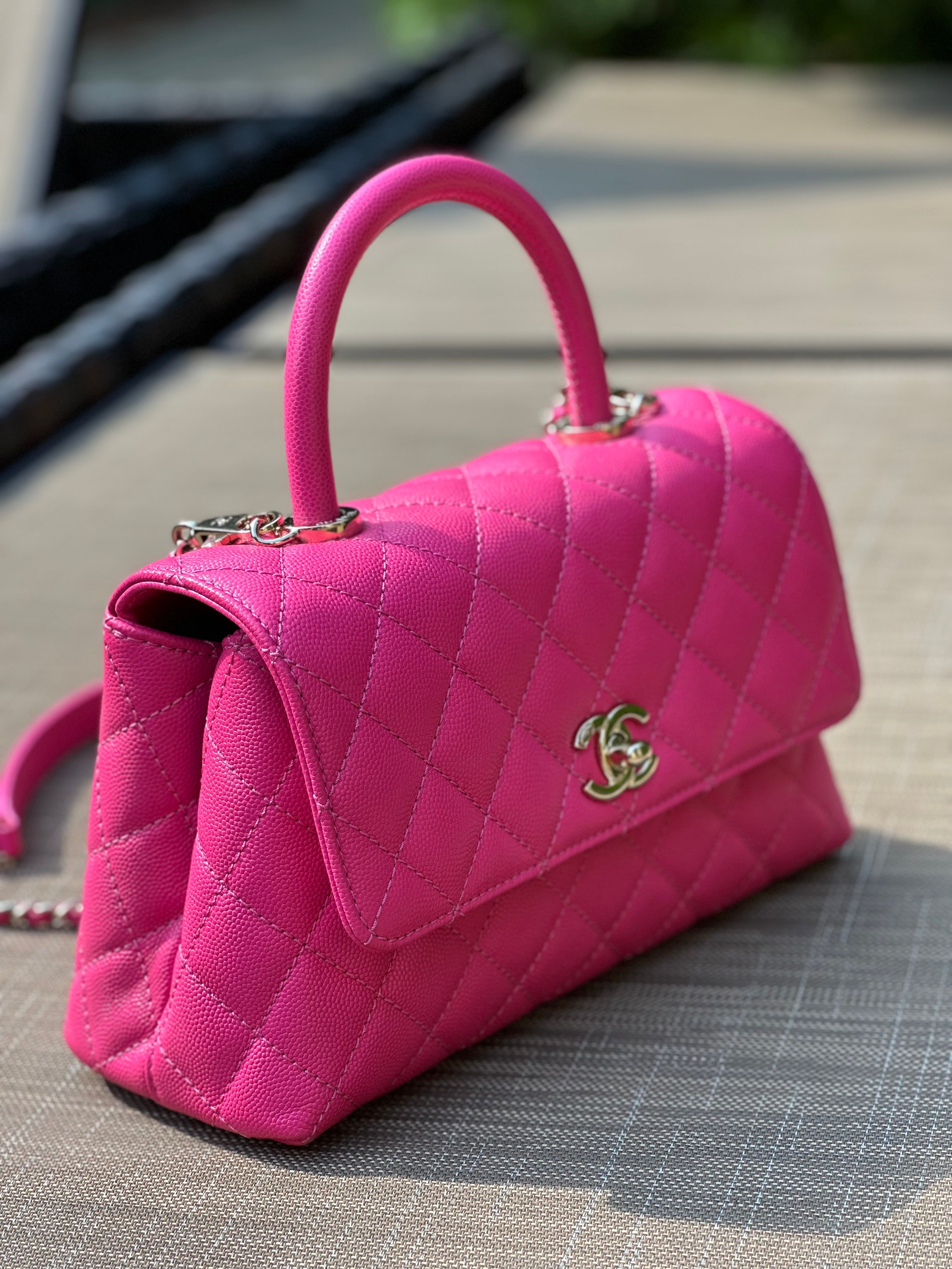 22K Chanel Small Coco Handle Flap Fuchsia Caviar Light Gold Hardware