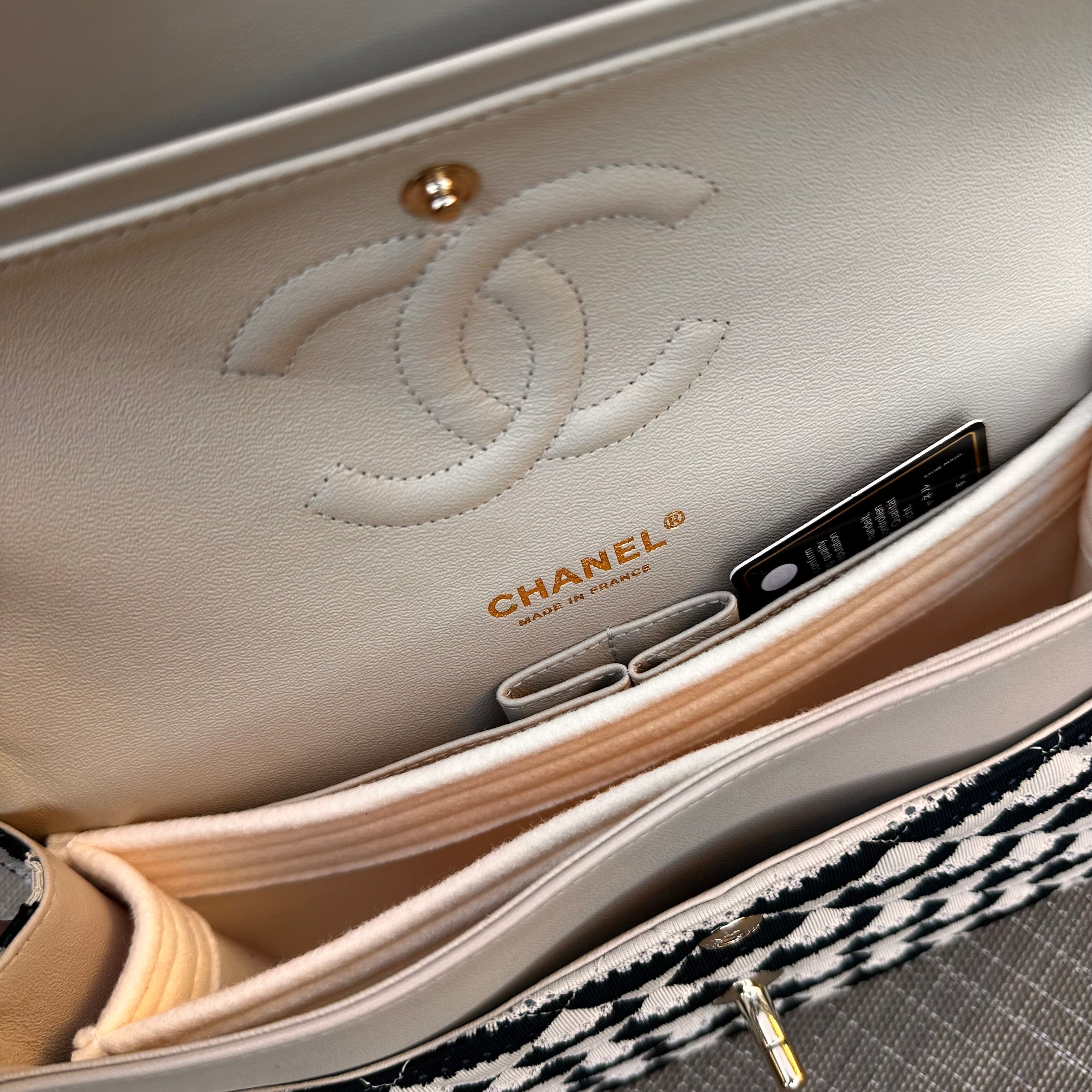 2014 Chanel Medium Flap Beige & Black Jersey LGHW