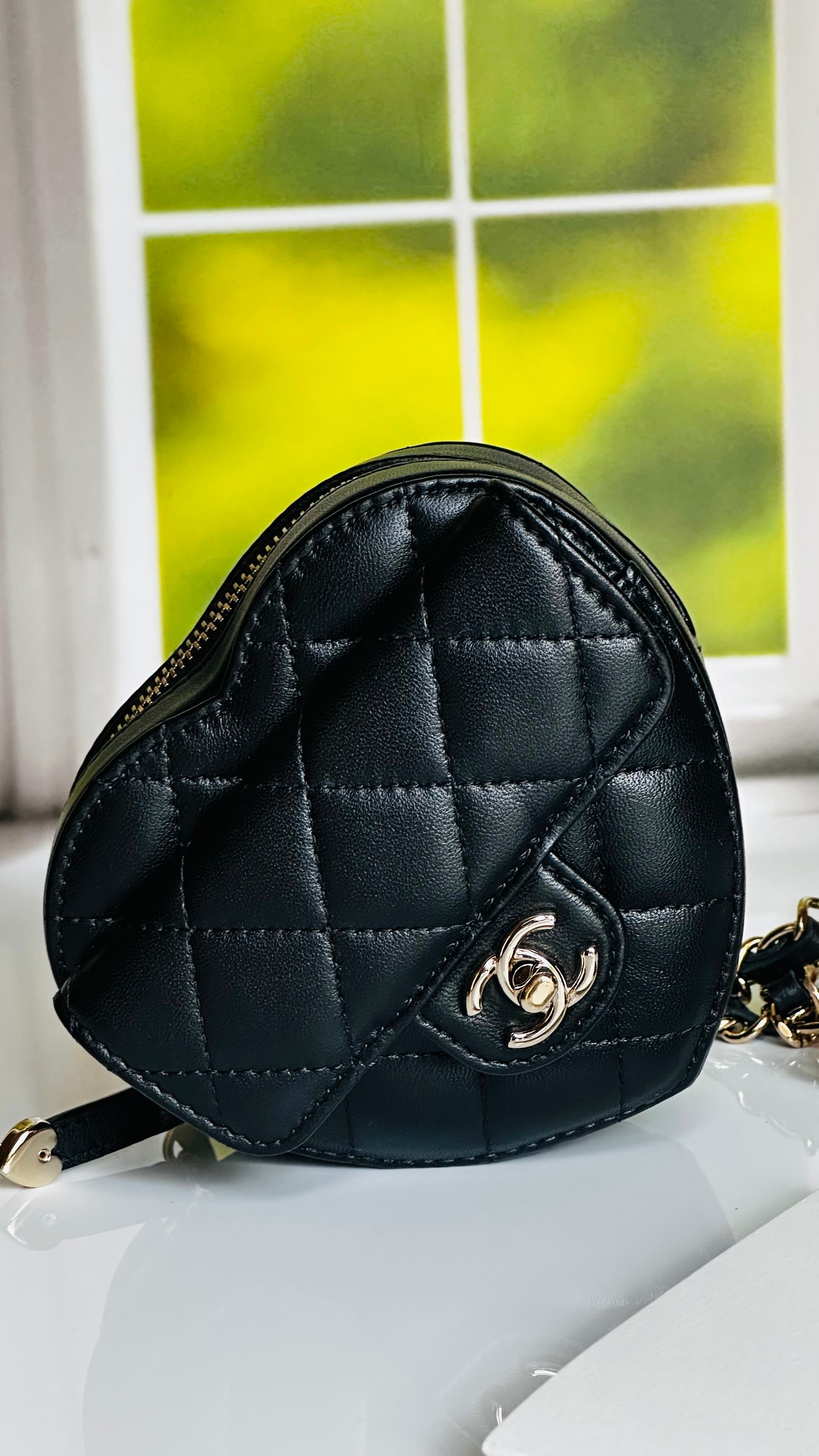 2022 Chanel CC in Love Heart Waist Bag Black Lambskin & Light Gold Hardware