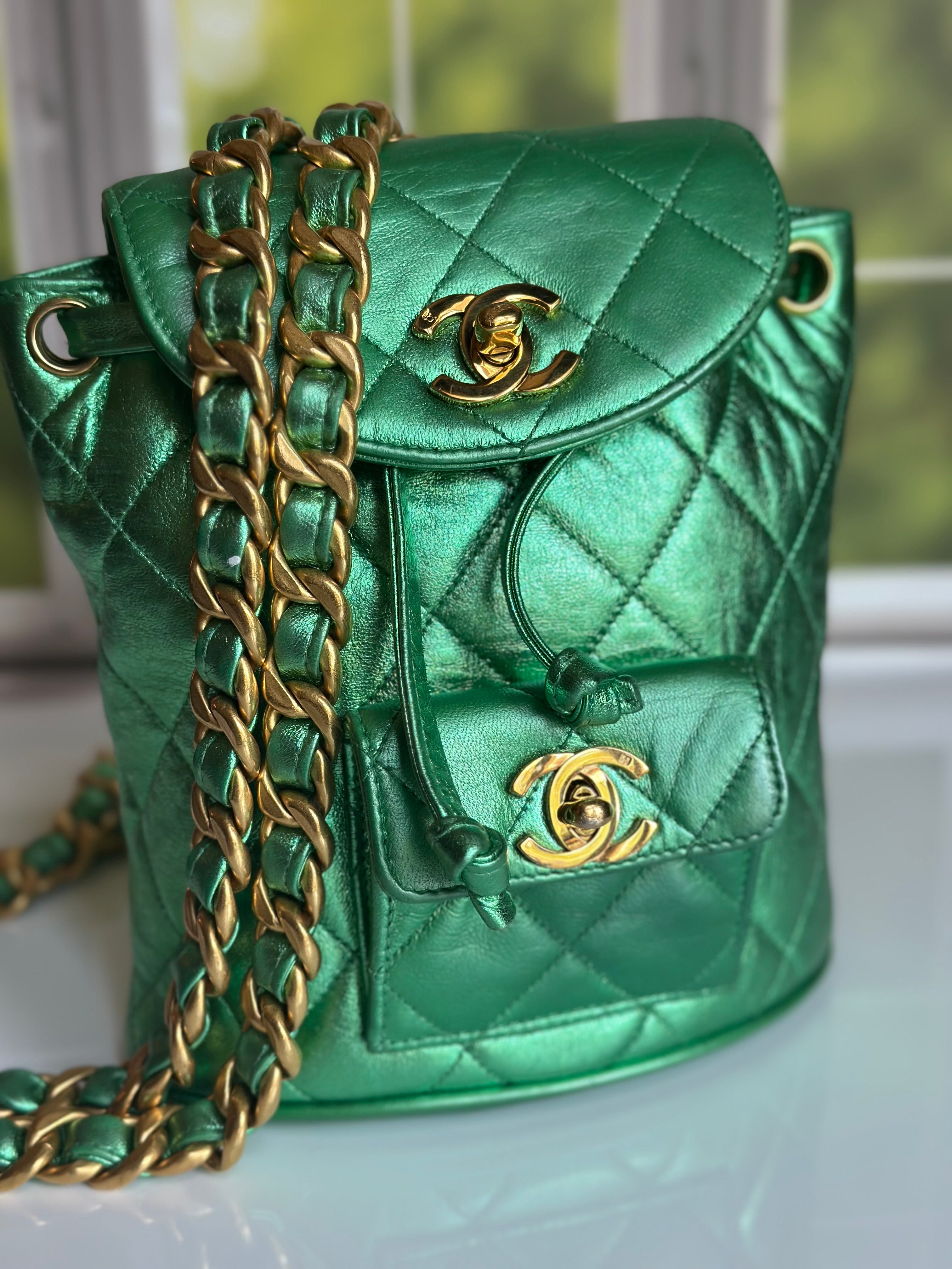 1994 Chanel Mini Duma Backpack Metallic Green Lambskin & 24K Gold Plated Hardware