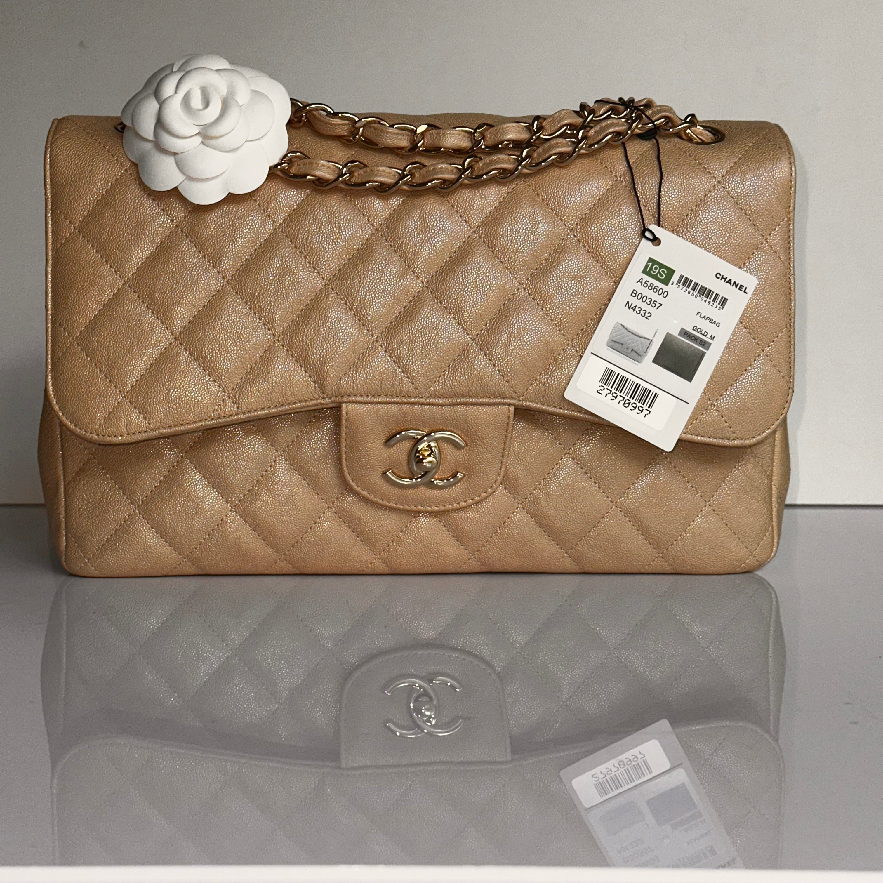 19S Chanel Timeless Classic Jumbo Iridescent Beige Caviar LGHW