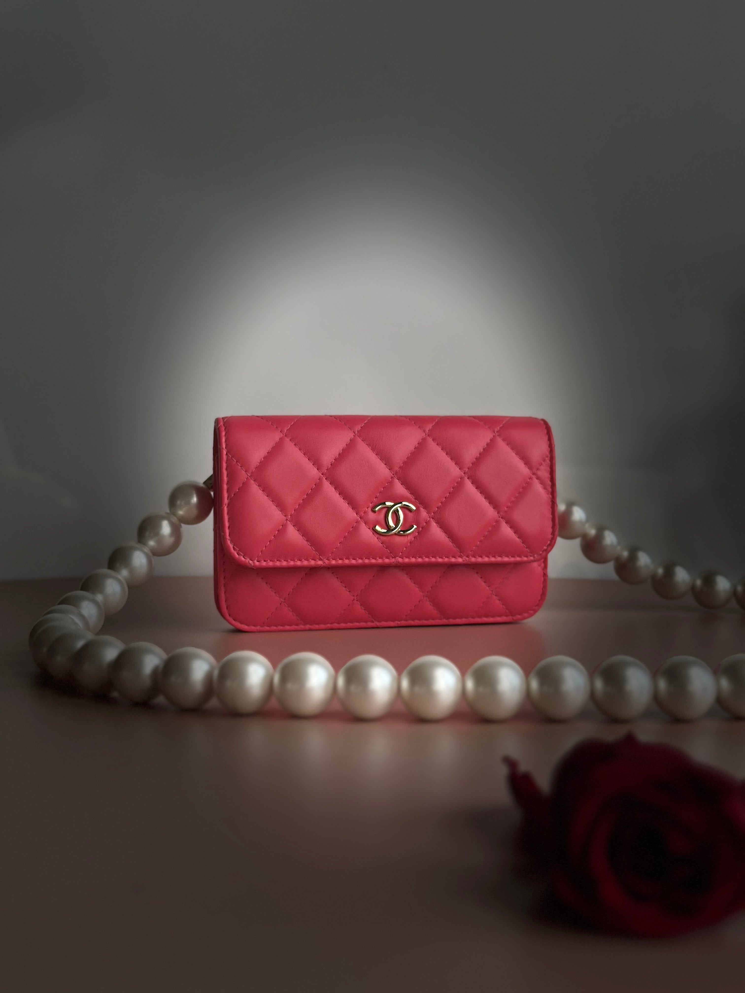 2020 Chanel Maxi Pearls Mini Flap Dark Pink Calfskin light gold hardware