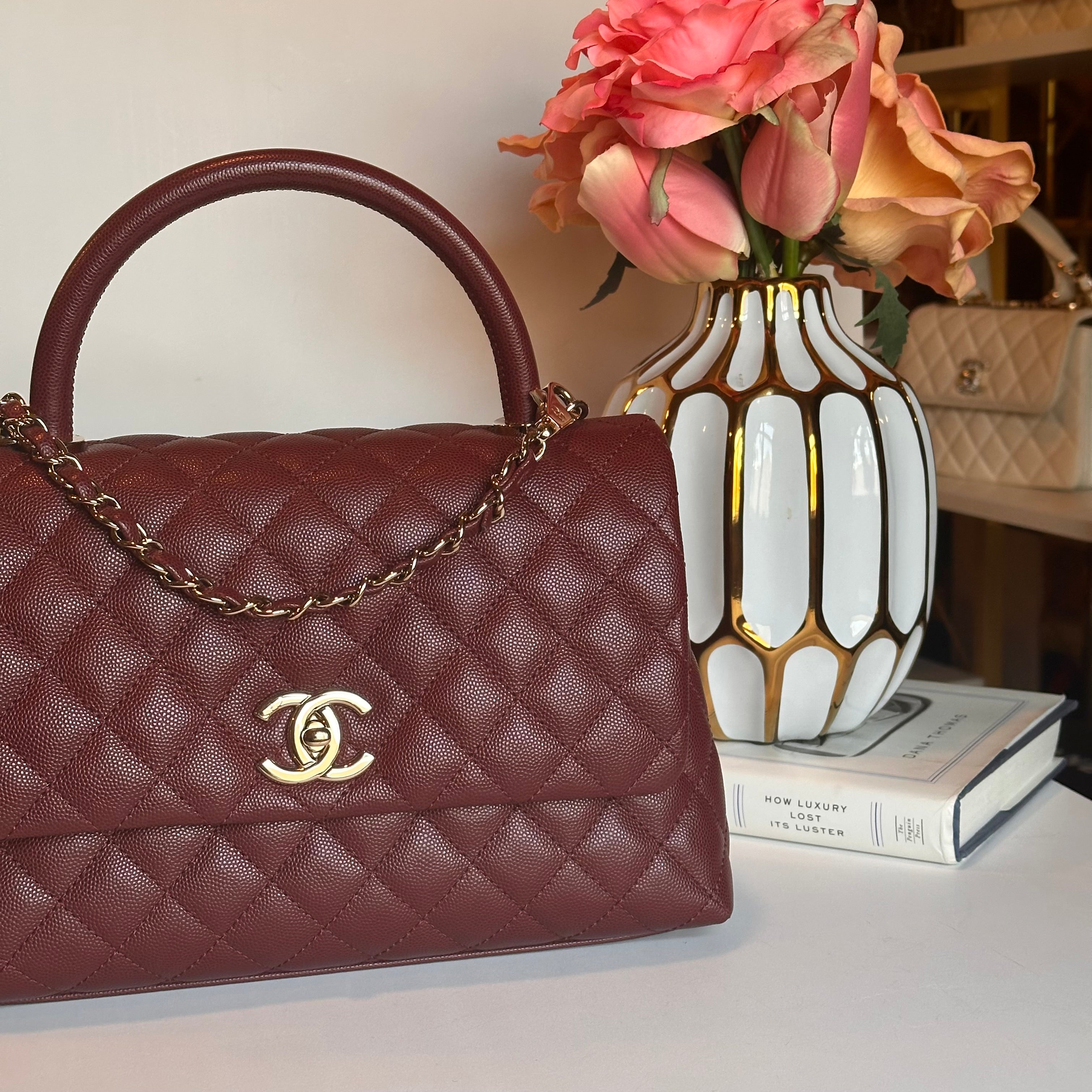20K CHANEL Coco Top Handle Medium Flap Burgundy Caviar LGHW