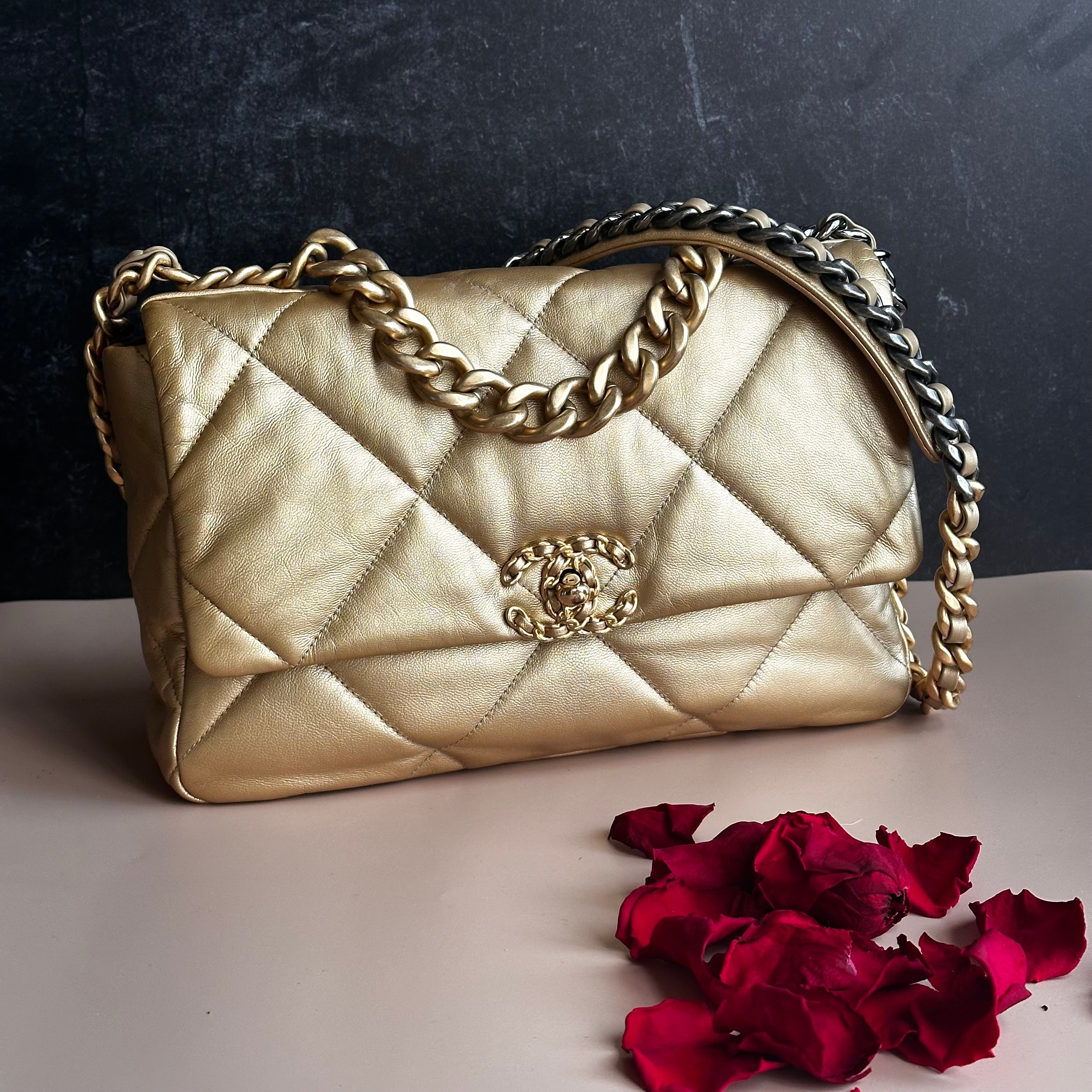 20B Chanel Medium-Large 19 Flap Metallic Gold Goatskin Mix Hardware and Cotton Linings