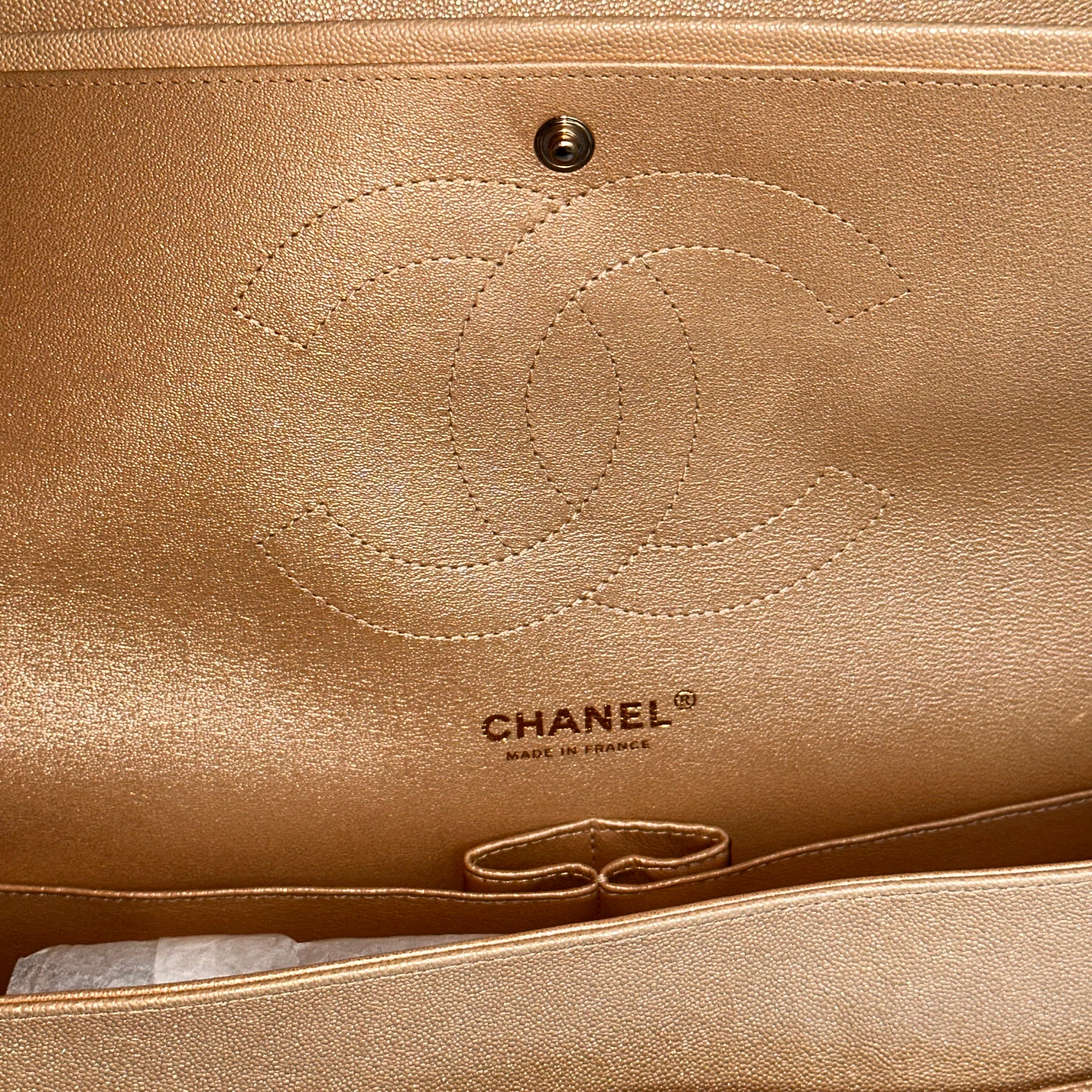 19S Chanel Timeless Classic Jumbo Iridescent Beige Caviar LGHW