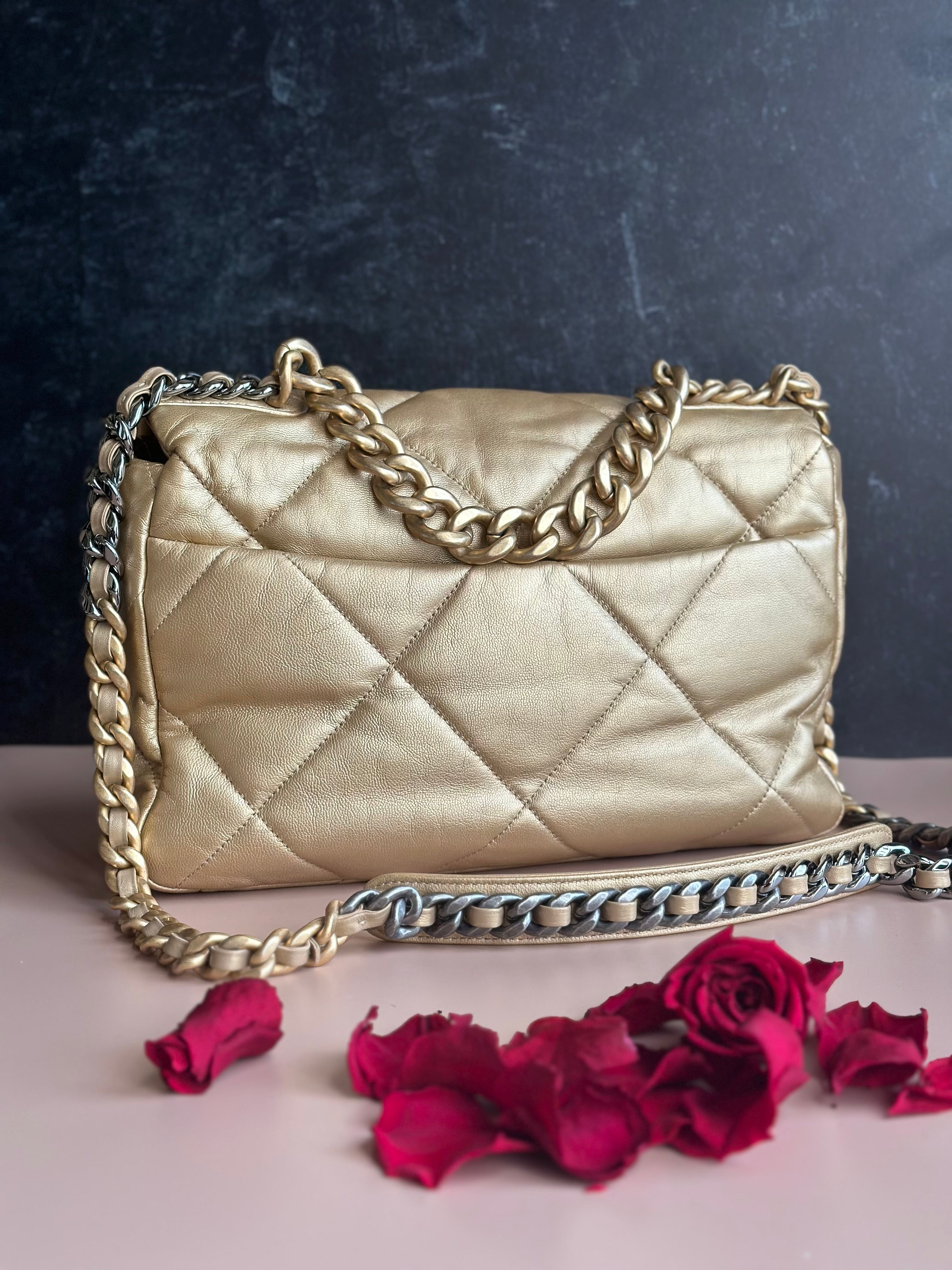 20B Chanel Medium-Large 19 Flap Metallic Gold Goatskin Mix Hardware and Cotton Linings