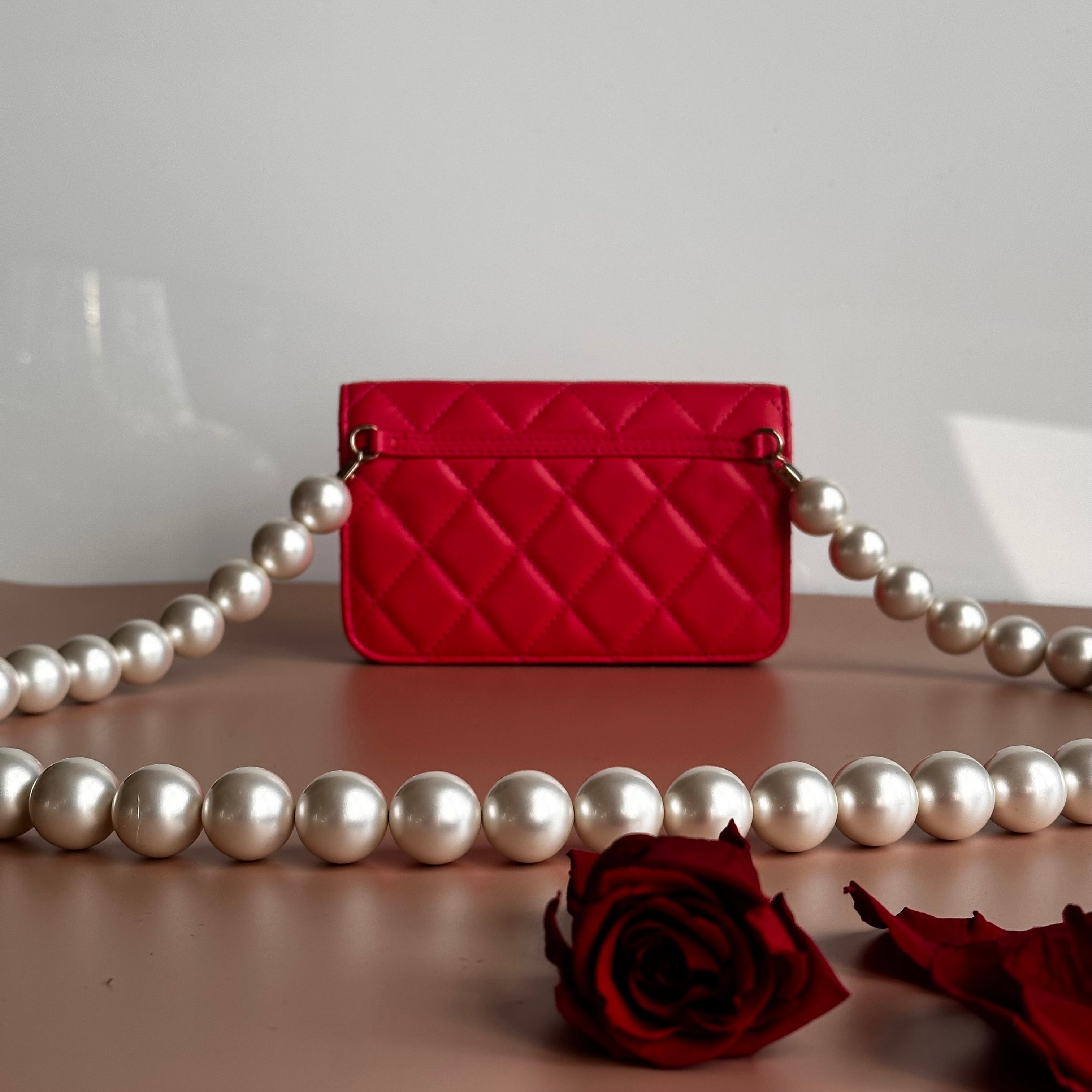 2020 Chanel Maxi Pearls Mini Flap Dark Pink Calfskin light gold hardware