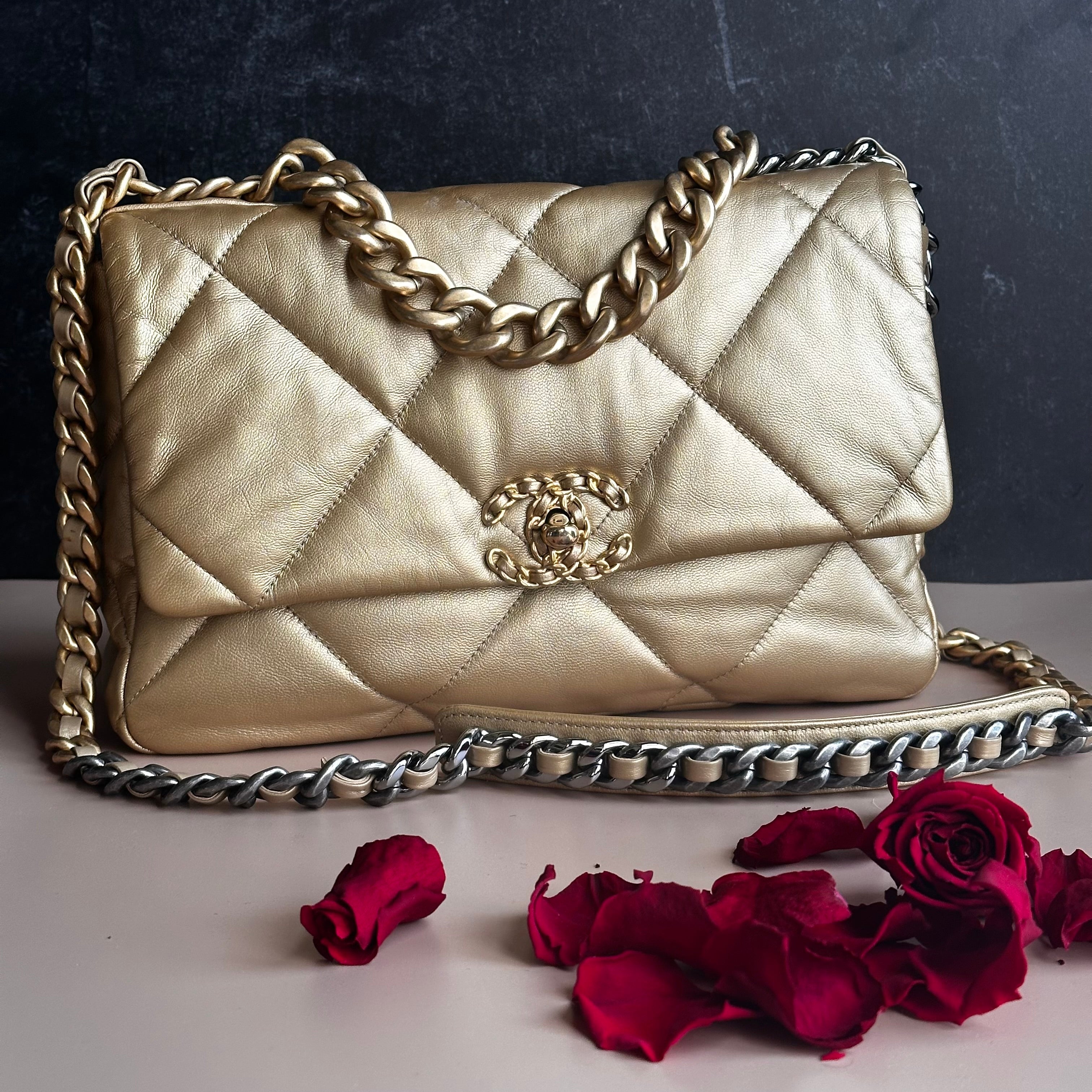 20B Chanel Medium-Large 19 Flap Metallic Gold Goatskin Mix Hardware and Cotton Linings