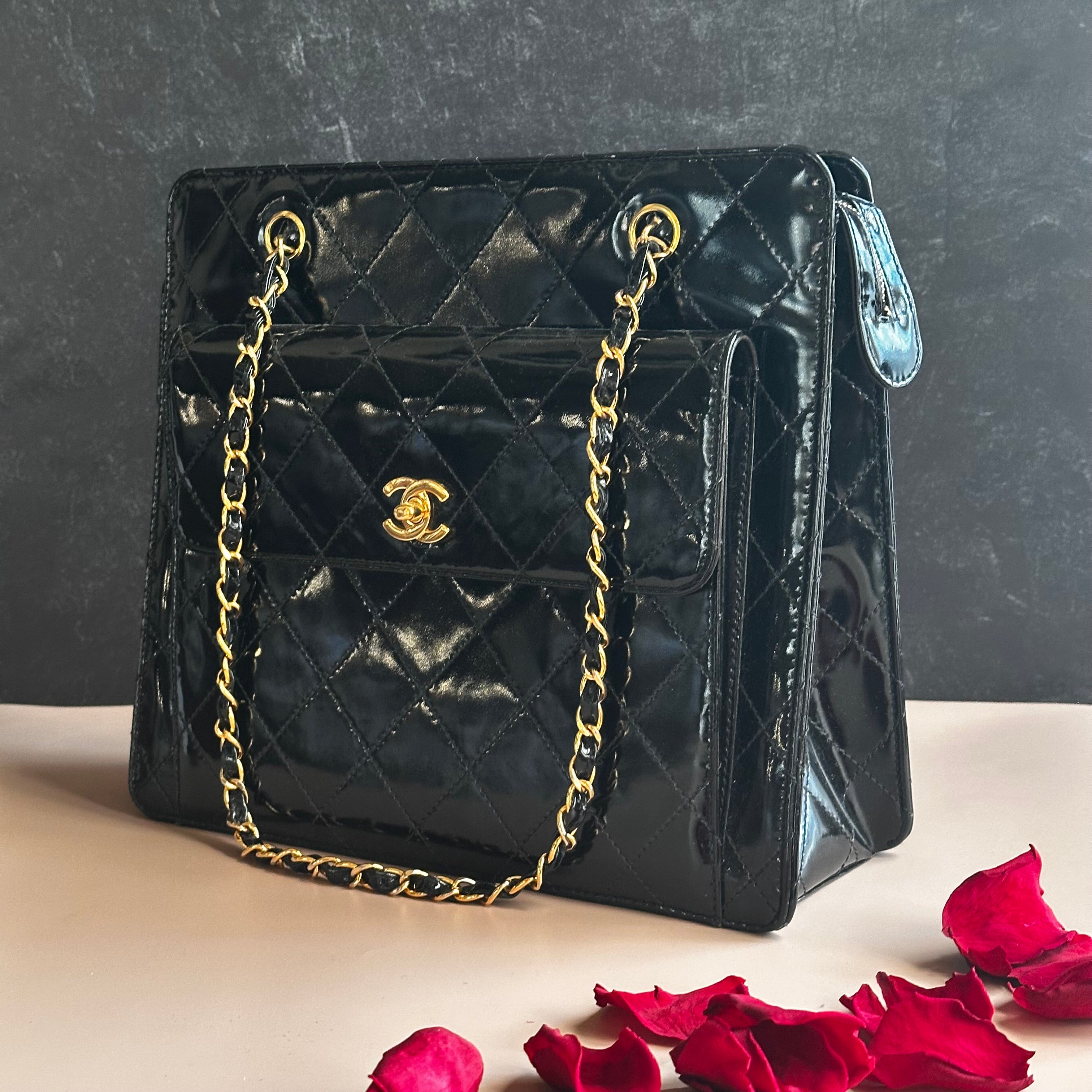 1998 Chanel vintage shopping tote black patent calfskin 24K Gold Hardware