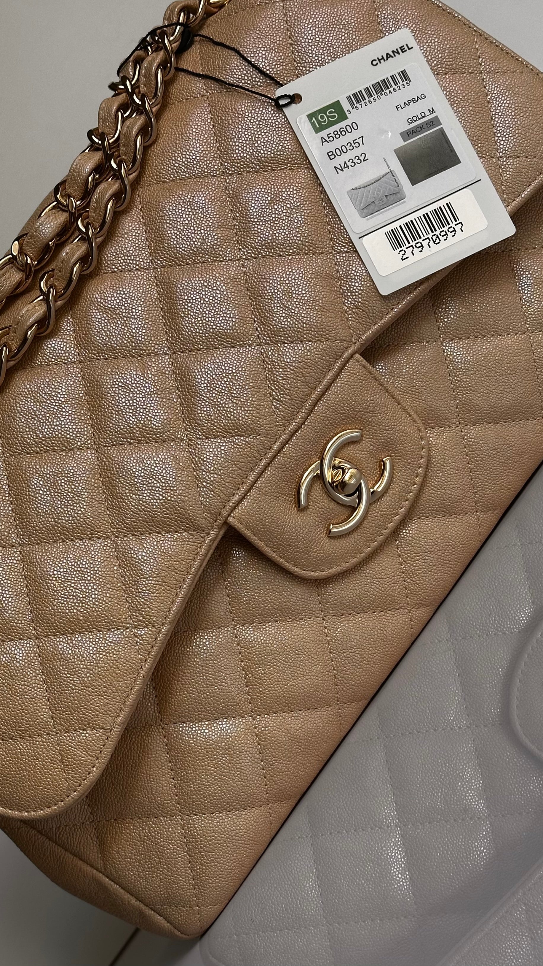 19S Chanel Timeless Classic Jumbo Iridescent Beige Caviar LGHW