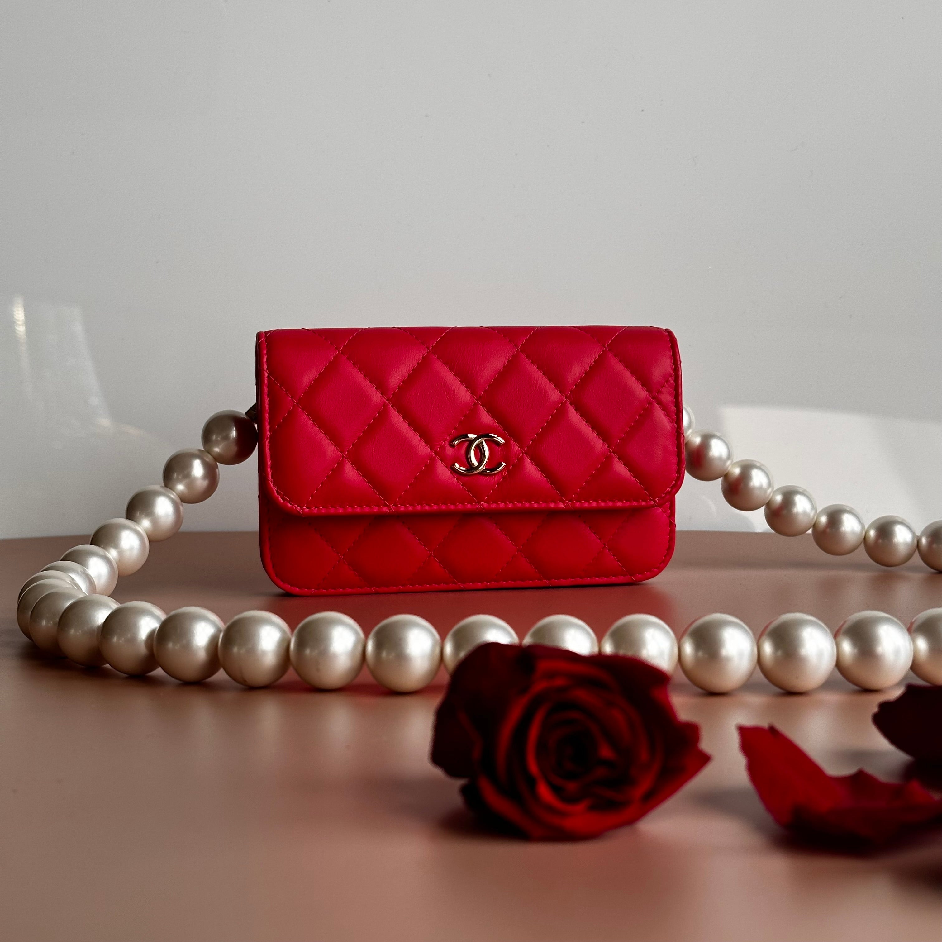 2020 Chanel Maxi Pearls Mini Flap Dark Pink Calfskin light gold hardware