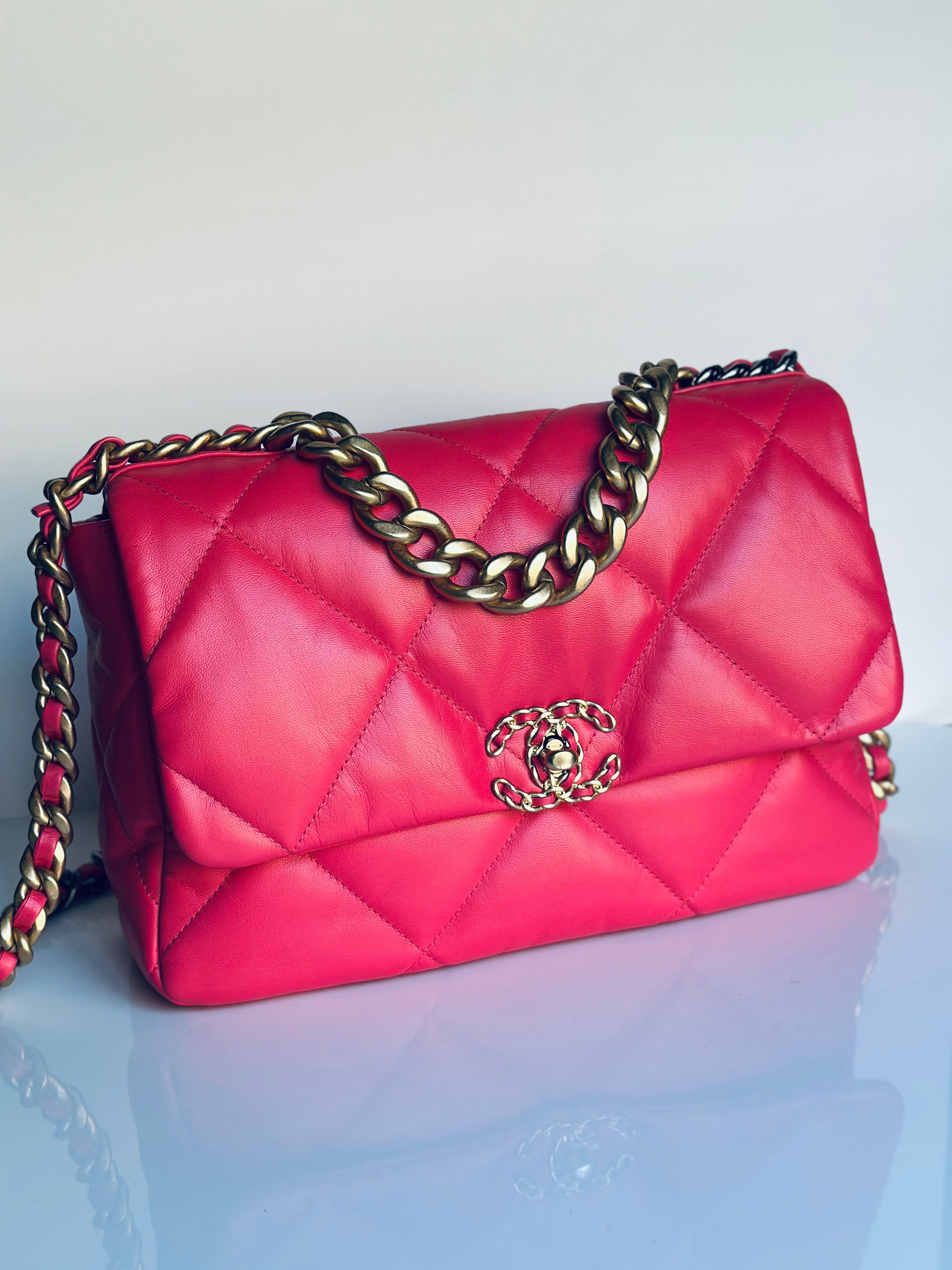 2020 Chanel 19 Large Flap Dark Pink Goatskin Trio-Mix Finish Hardware