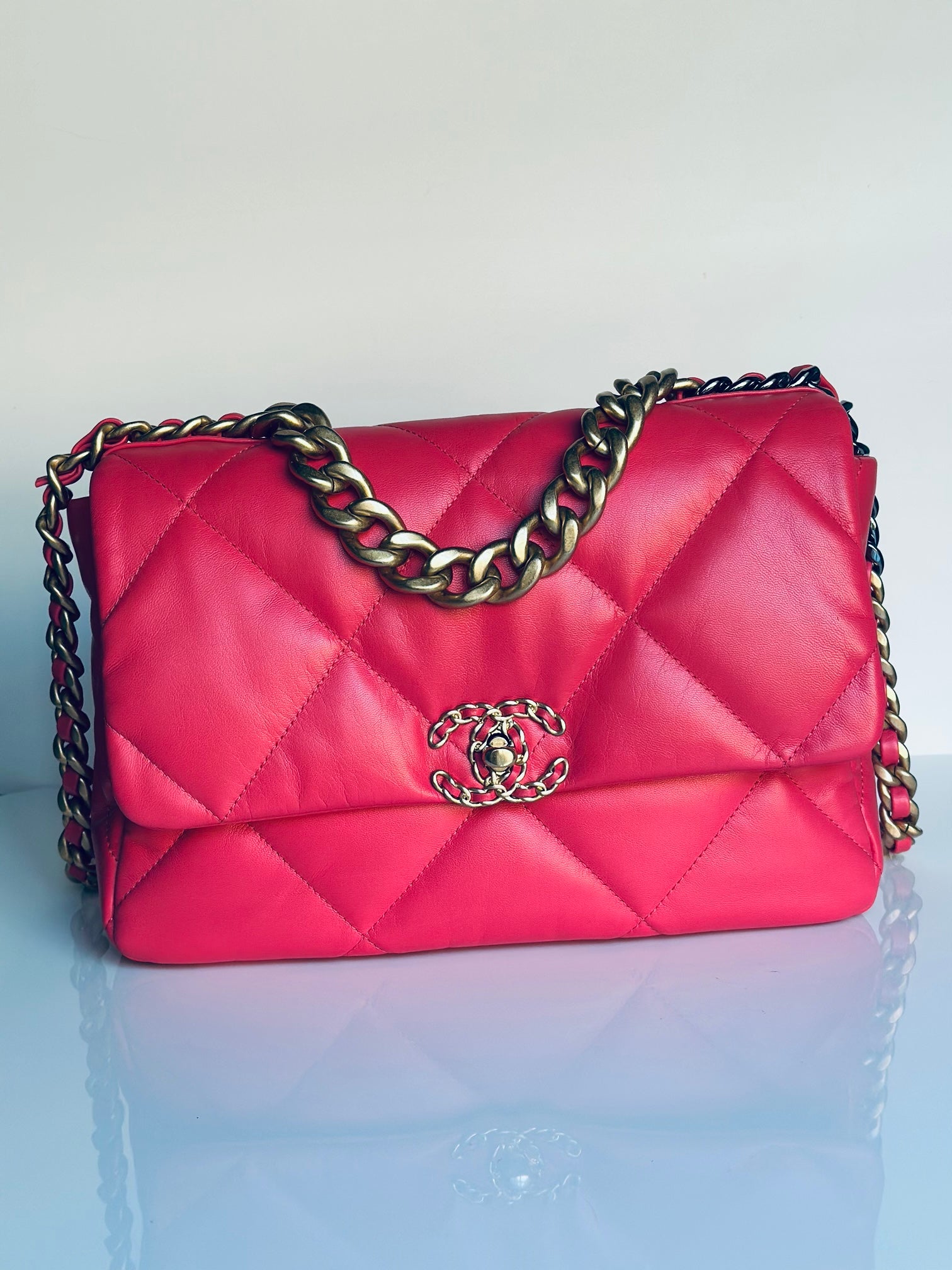 2020 Chanel 19 Large Flap Dark Pink Goatskin Trio-Mix Finish Hardware