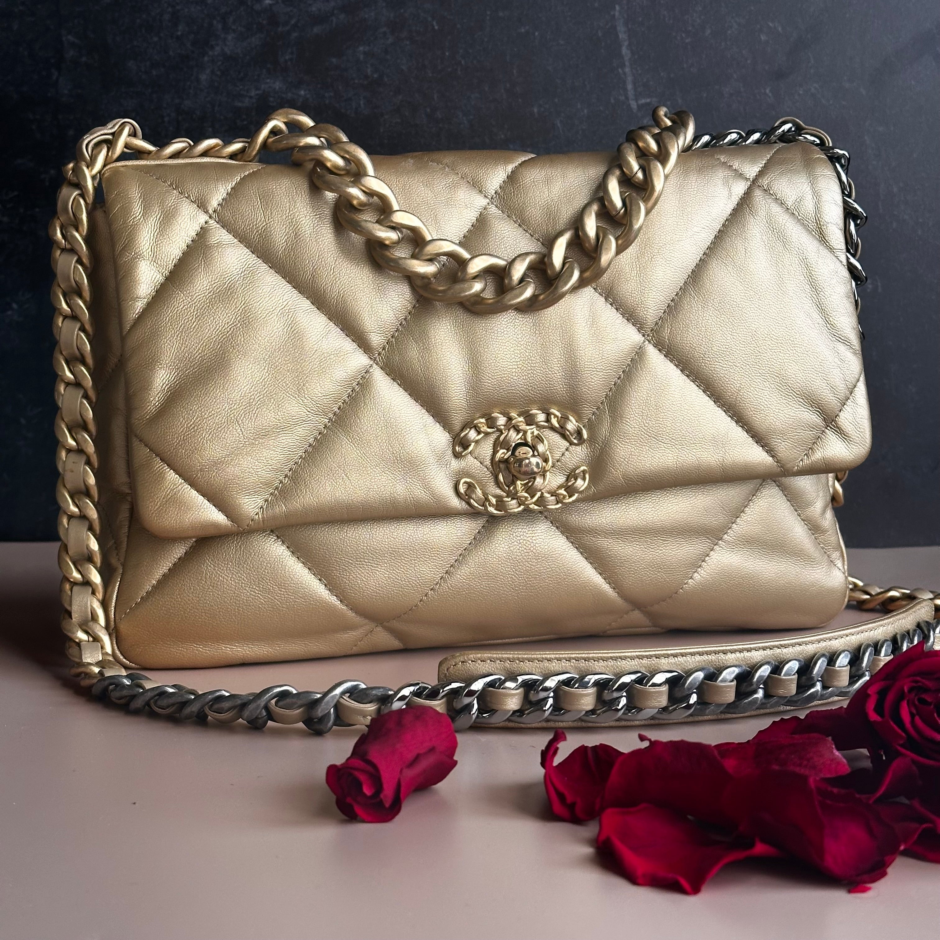 20B Chanel Medium-Large 19 Flap Metallic Gold Goatskin Mix Hardware and Cotton Linings