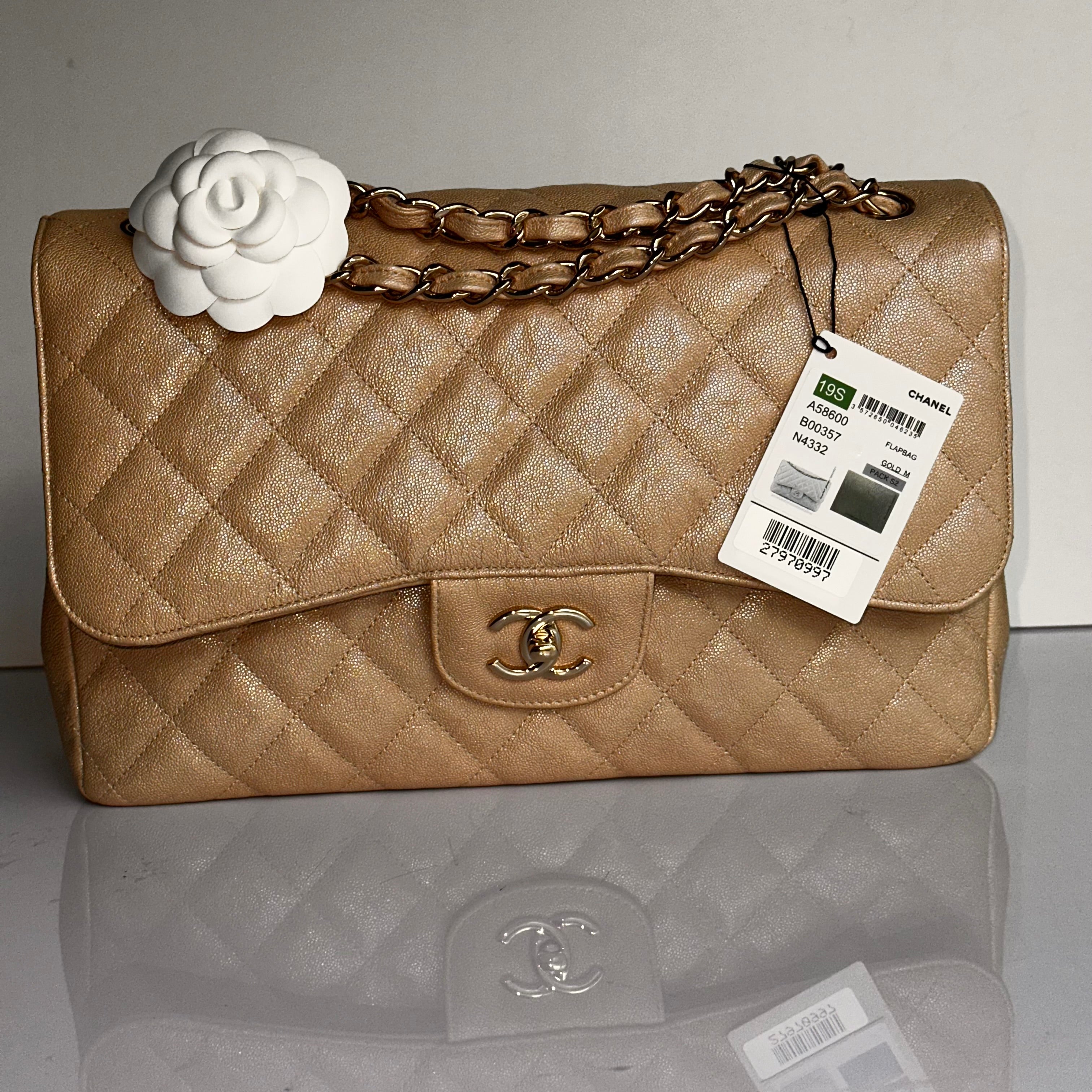 19S Chanel Timeless Classic Jumbo Iridescent Beige Caviar LGHW