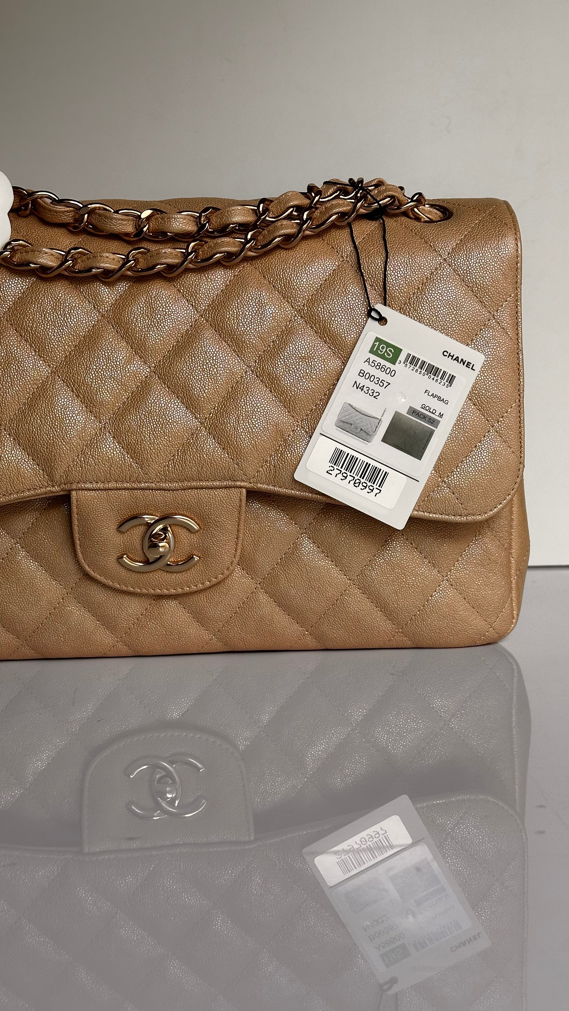 19S Chanel Timeless Classic Jumbo Iridescent Beige Caviar LGHW