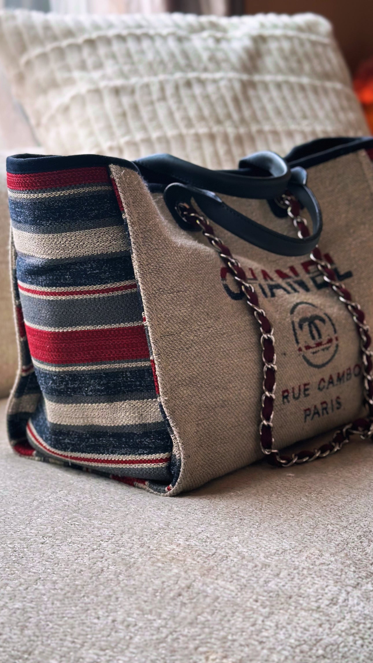 18A Chanel Large Deauville Shopping Tote Beige Toile & Calfskin